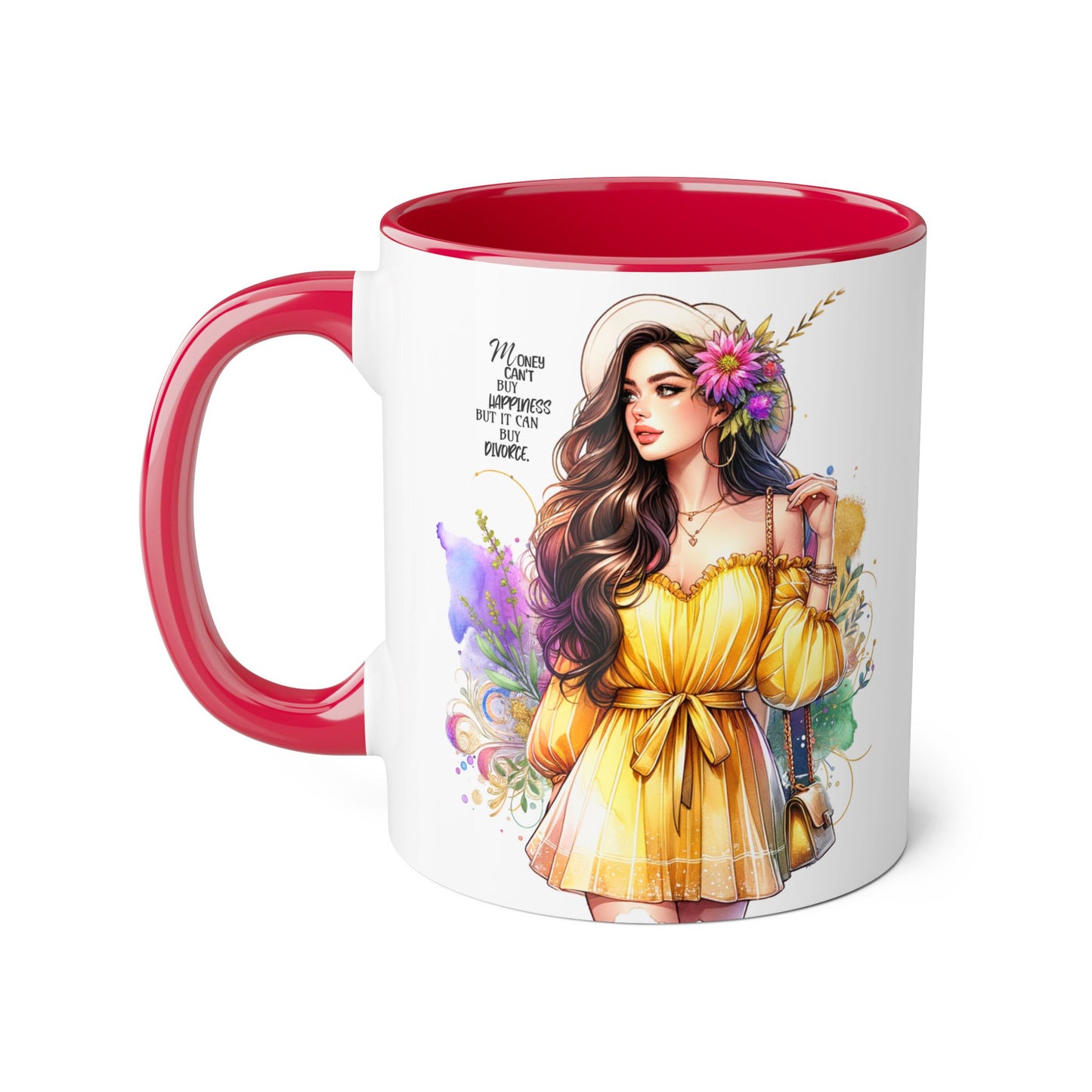 Money Can't Buy Happiness But It Can Buy Divorce Humoristic Bohemian Accent Mug, Motivational Artwork, Gift for Friends, Inspirational Coffee Cup, Floral Design, Home Decor
