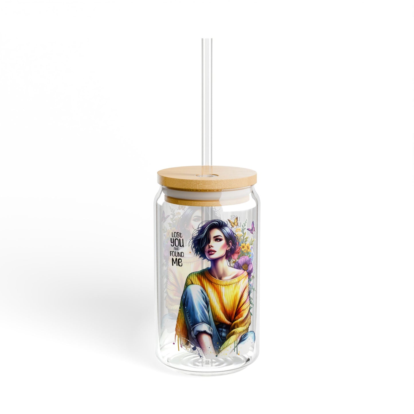 Lost You and Found Me Artistic Sipper Glass, 16oz - Floral Design Drinkware, Unique Gift for Her, Eco-Friendly Cup, Summer Beverage Glass