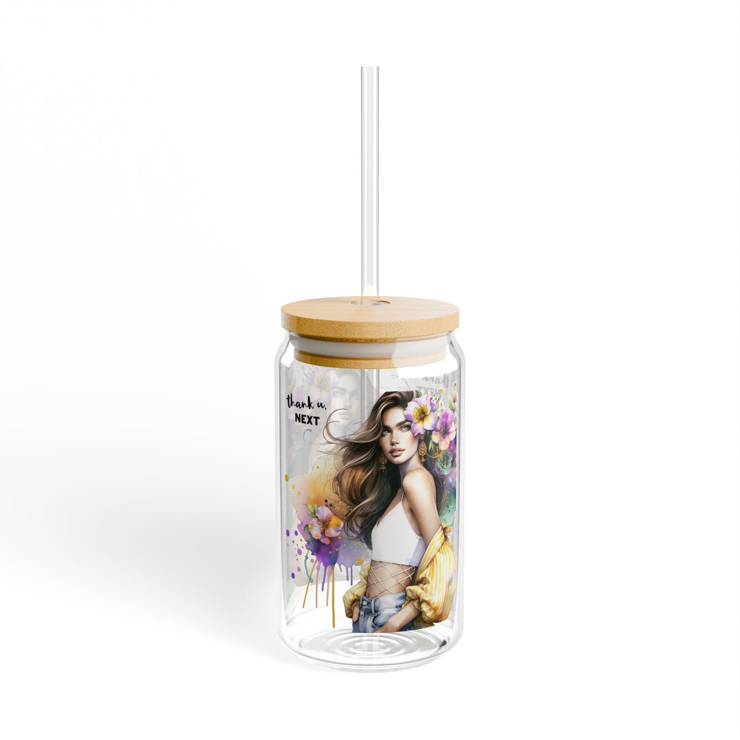 Thank U, Next Floral Sipper Glass, 16oz - Stylish Reusable Drink Container, Eco-Friendly Artisan Design for Parties, Gifts, Home, or Travel