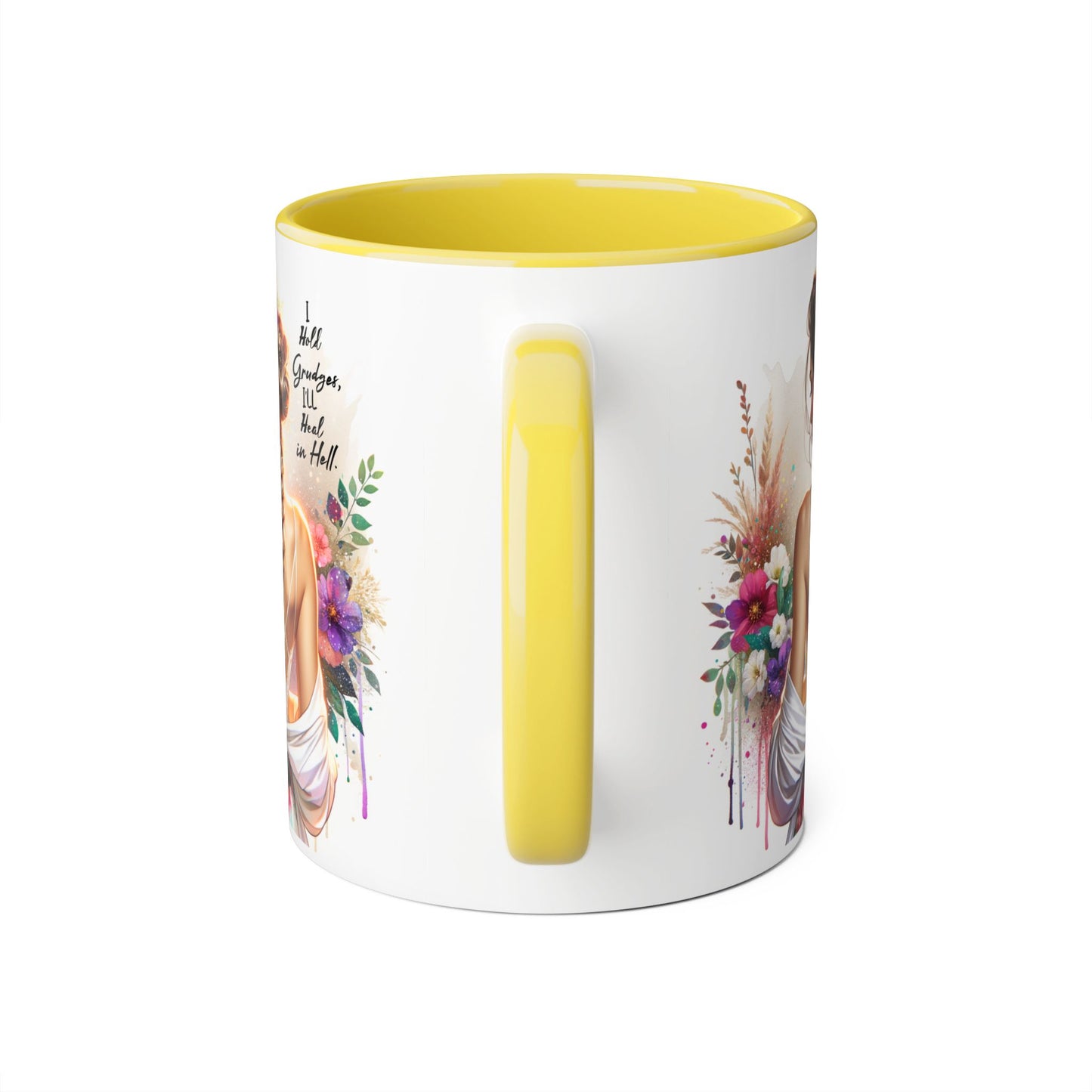 I Hold Grudges, I'll Heal in Hell Boho Floral Accent Mug, Inspirational Coffee Cup, Gift for Her, Home Decor, Mother's Day, Bohemian Kitchenware