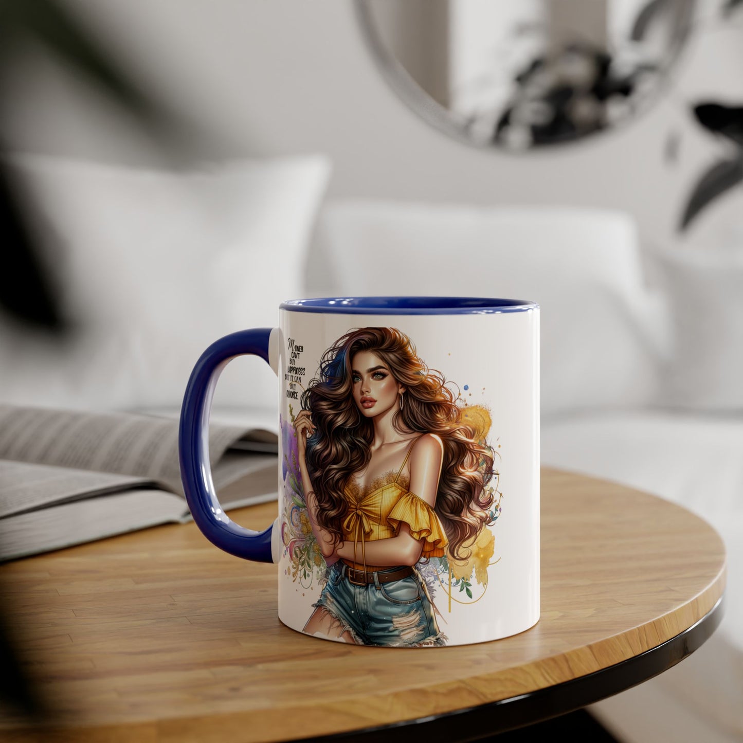 Money Can't Buy Happiness But It Can Buy Divorce Humoristic Empowering Accent Mug, Inspirational Coffee Cup, Artful Drinkware for Self-Care, Perfect Gift for Birthdays, Motivational Decor