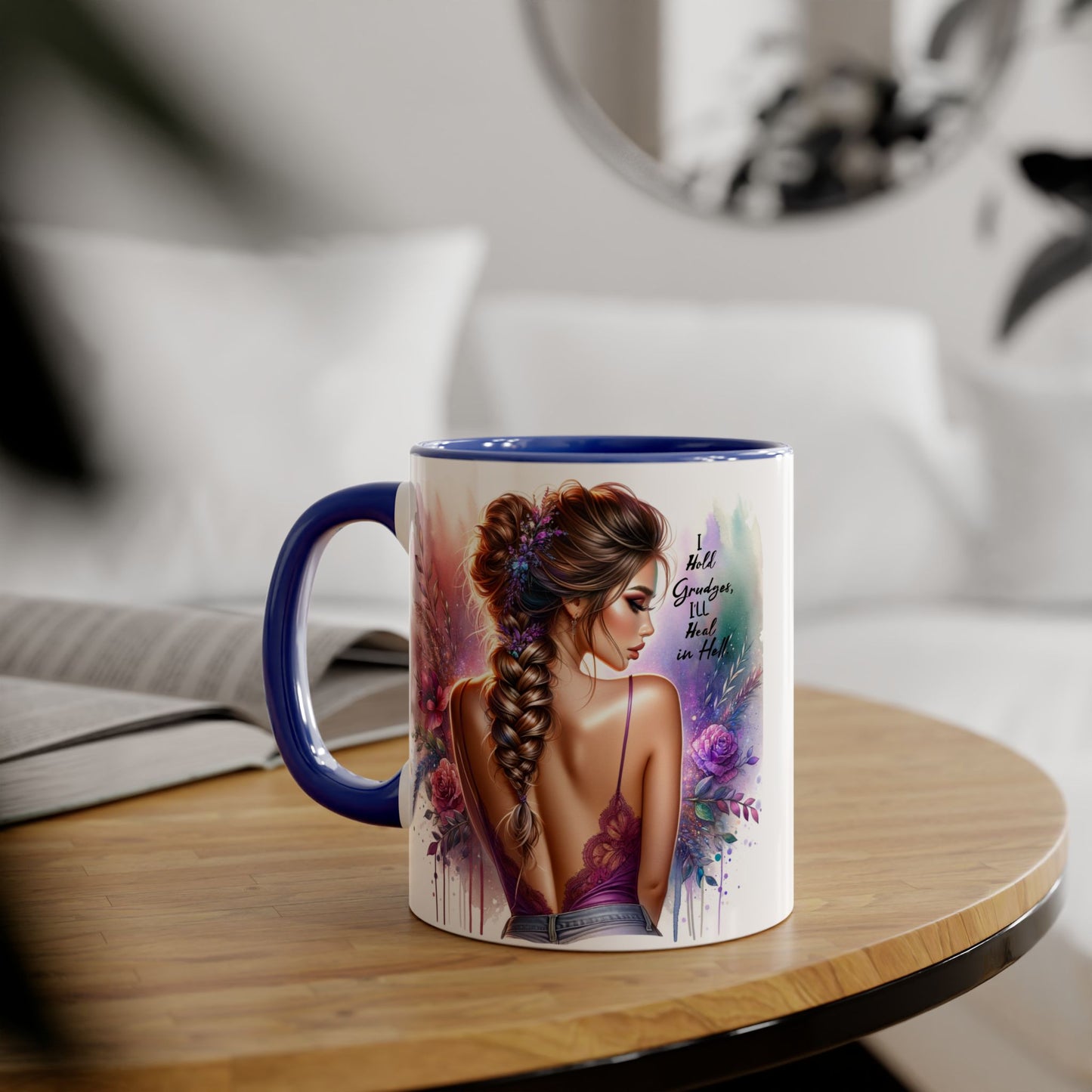 I Hold Grudges, I'll Heal in Hell Artistic Black Accent Mug, Inspirational Coffee Cup, Unique Gift for Her, Flower Design Tea Mug, Stylish Drinkware for Every Occasion