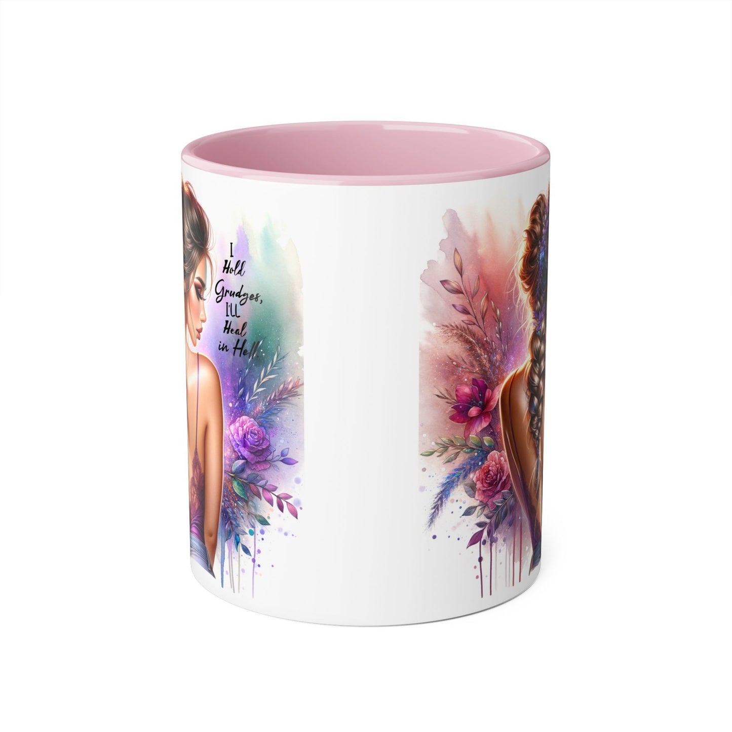 I Hold Grudges, I'll Heal in Hell Artistic Black Accent Mug, Inspirational Coffee Cup, Unique Gift for Her, Flower Design Tea Mug, Stylish Drinkware for Every Occasion