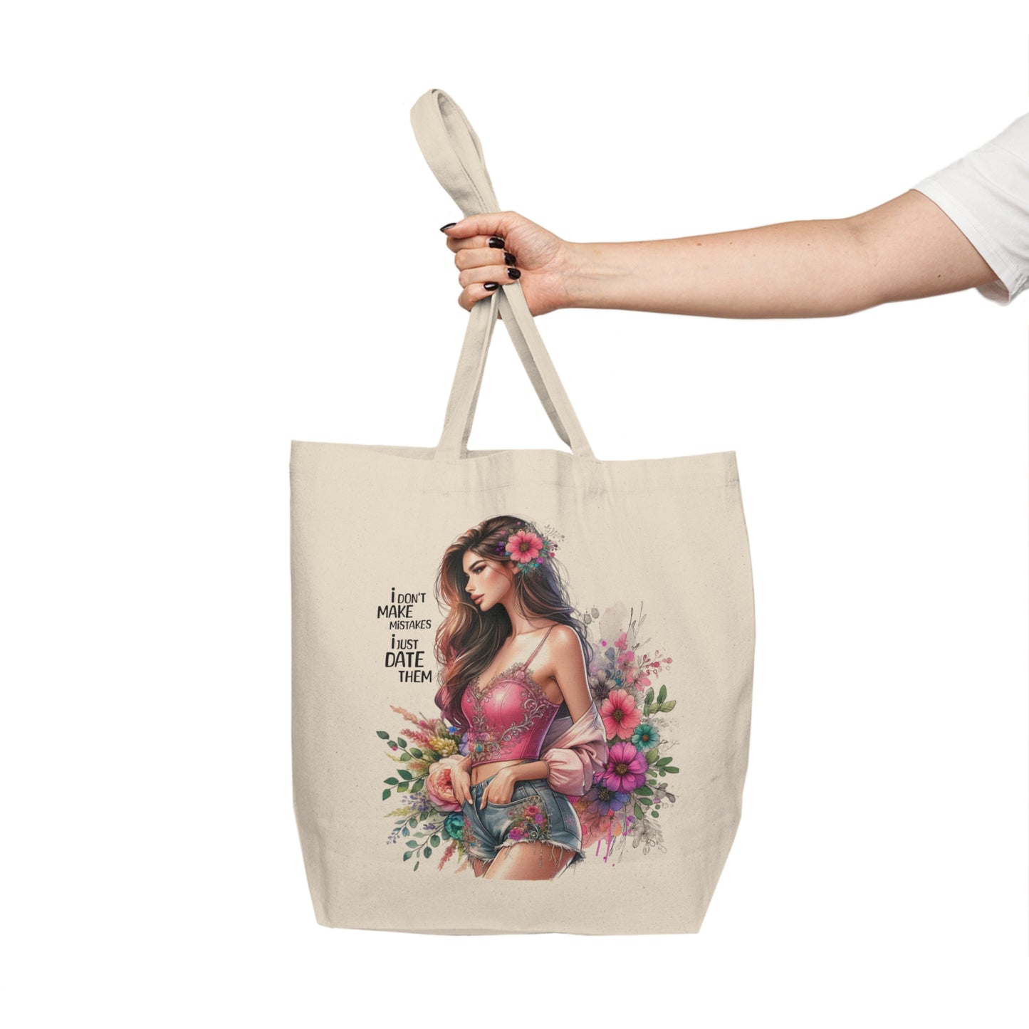 I Don`t Make Mistakes, I Just Date Them Stylish Canvas Shopping Tote with Floral Design | Perfect for Everyday Use, Market Trips, Beach Days, Gifts