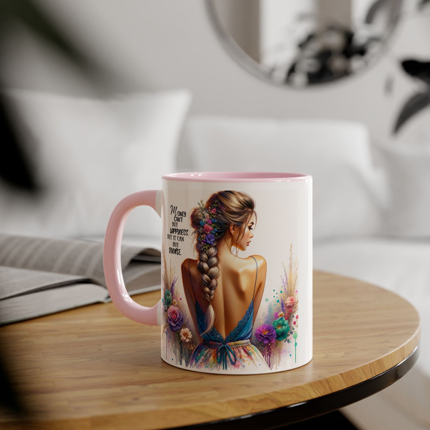 Money Can't Buy Happiness But It Can Buy Divorce Humoristic Empowering Accent Mugs | Inspirational Gift for Women | Unique Coffee Mug | Floral Design | Self-Care Reminder | Motivational Quote
