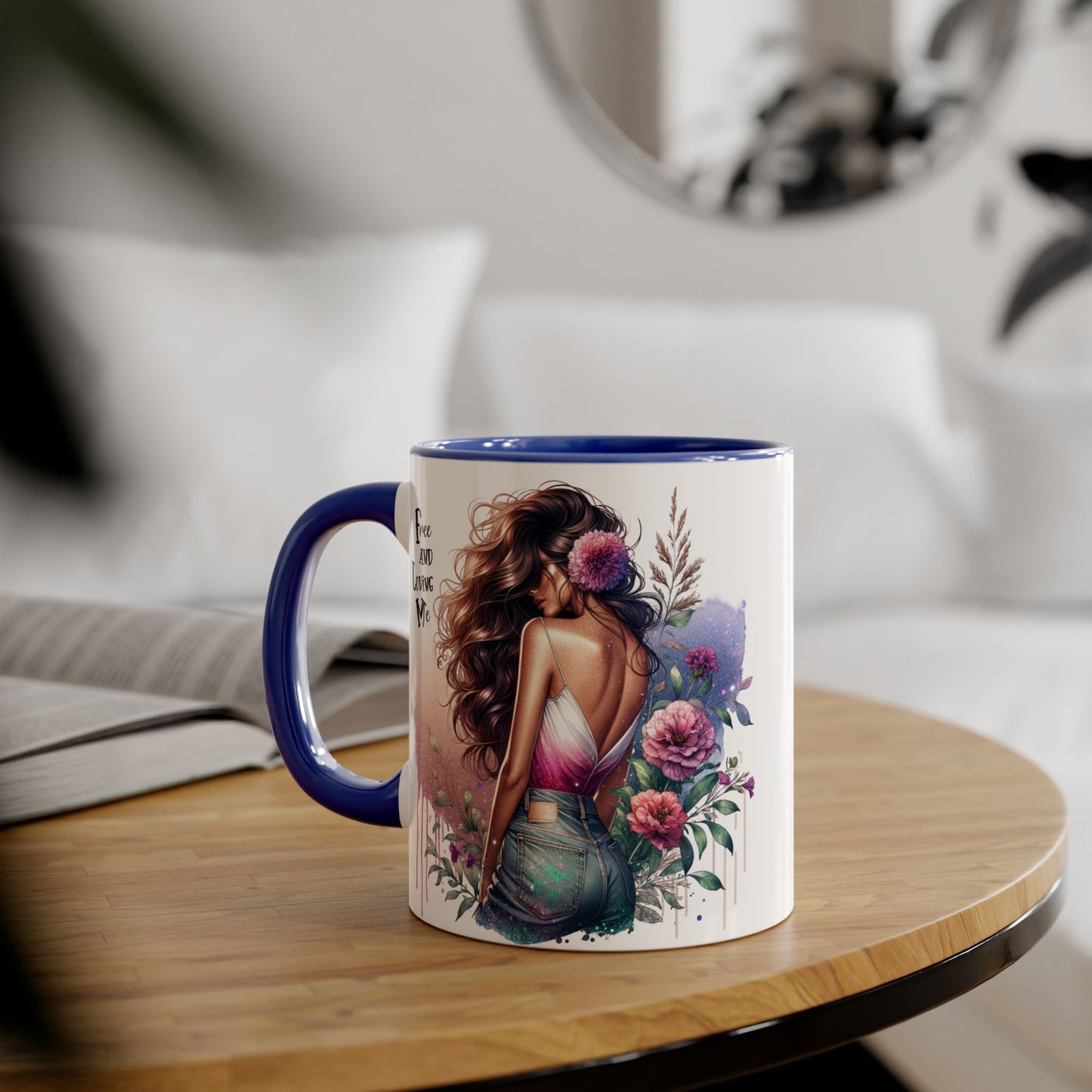 Free and Loving Me Boho Floral Accent Mug, 11oz Coffee Cup, Inspirational Mug for Women, Gift for Friends, Cozy Home Decor, Self-Love Reminder