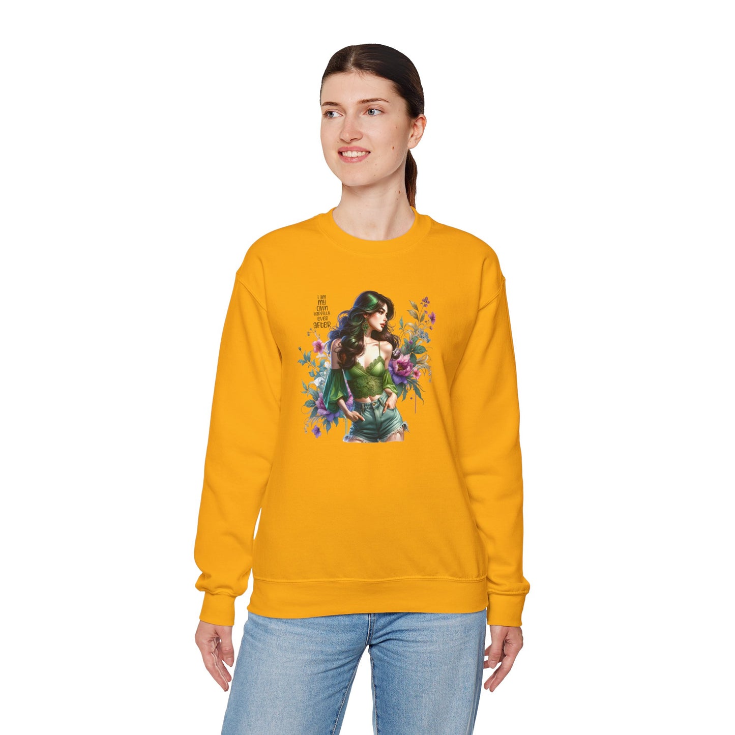 I Am My Own Happily Ever After Heroine Floral Sweatshirt | Unisex Cozy Crewneck, Gift for Her, Vintage Style, Plant Lover's Apparel, Superhero Inspired