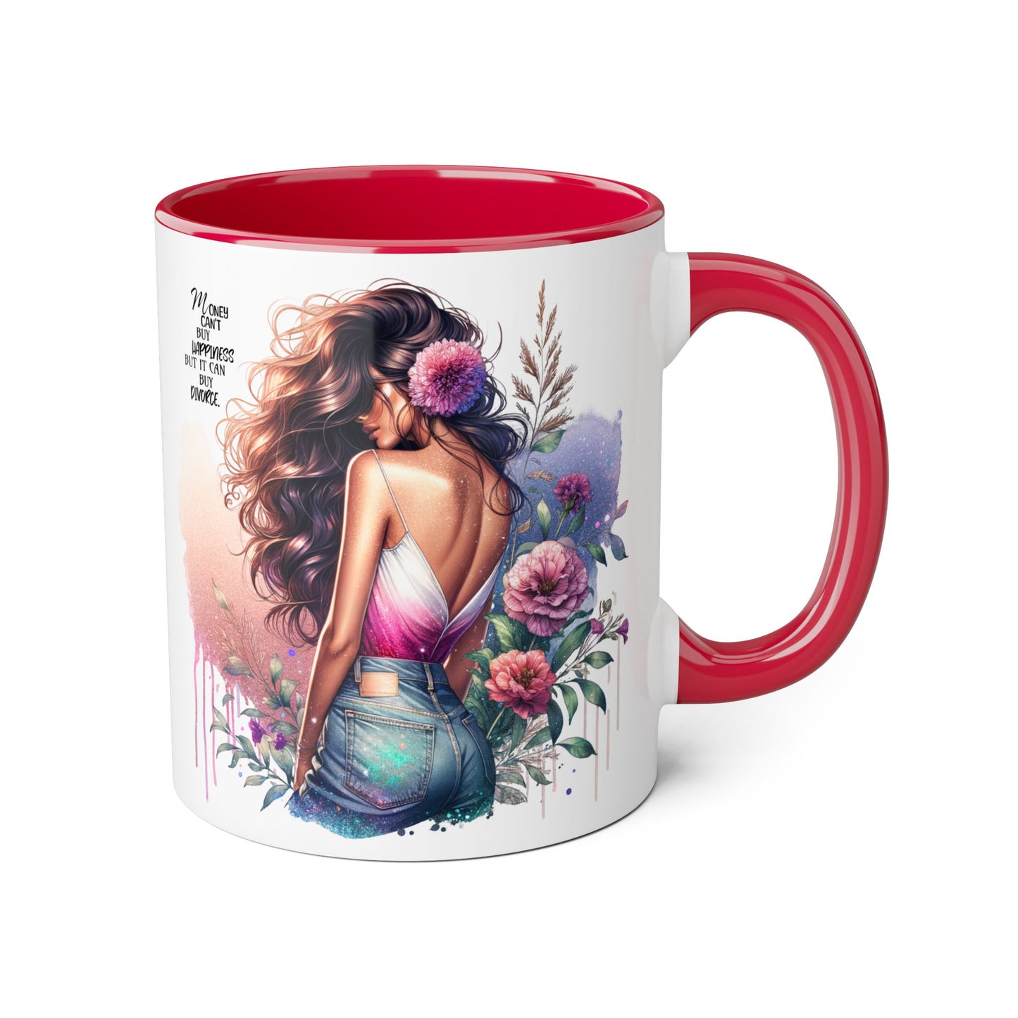Money Can't Buy Happiness But It Can Buy Divorce Humoristic Elegant Floral Accent Mug, Inspirational Coffee Cup for Women, Motivational Gift, Artful Drinkware for Home & Office