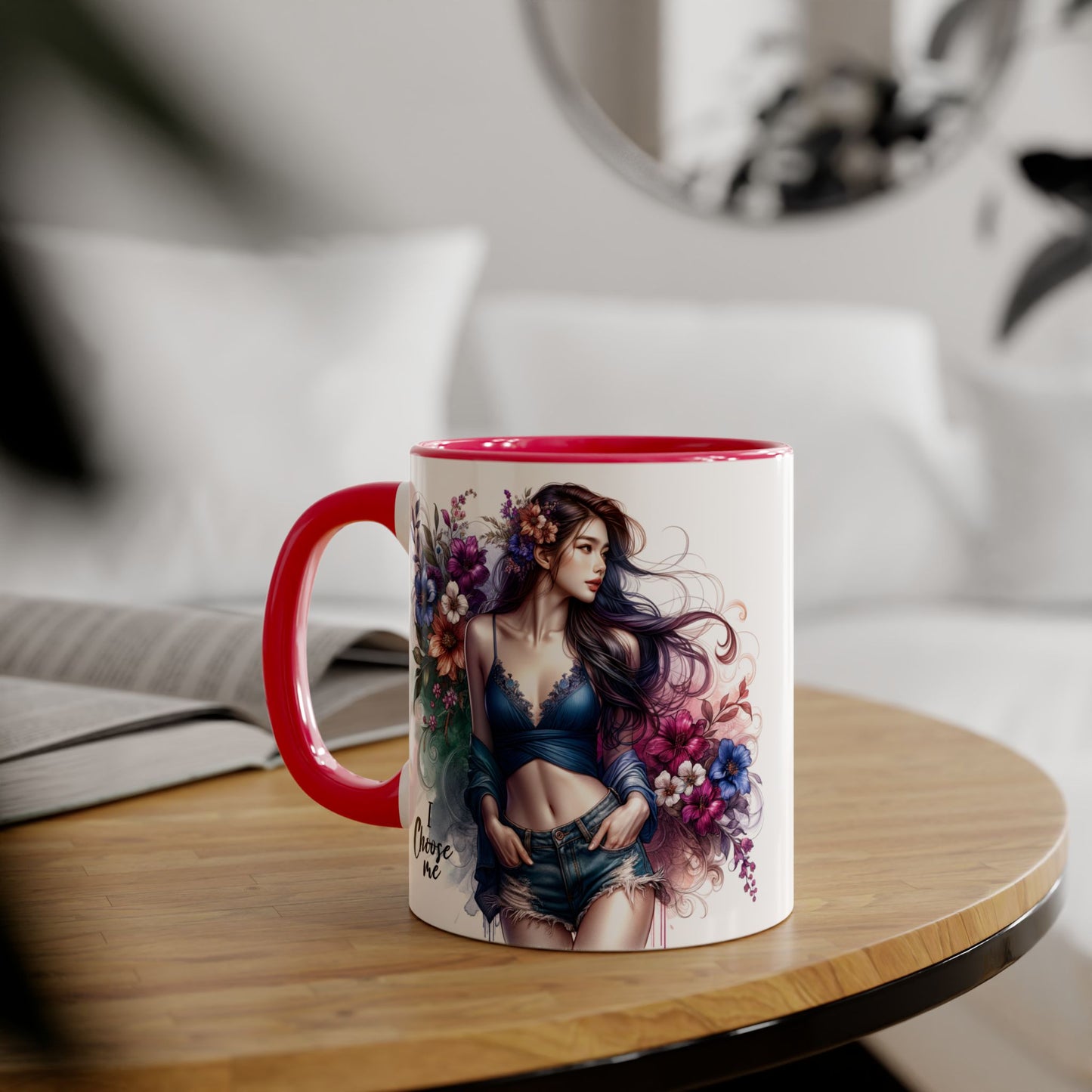 Floral Accent Mug, I Choose Me Design, Artistic Coffee Cup, Gift for Her, Home Décor, Tea Lover’s Essential