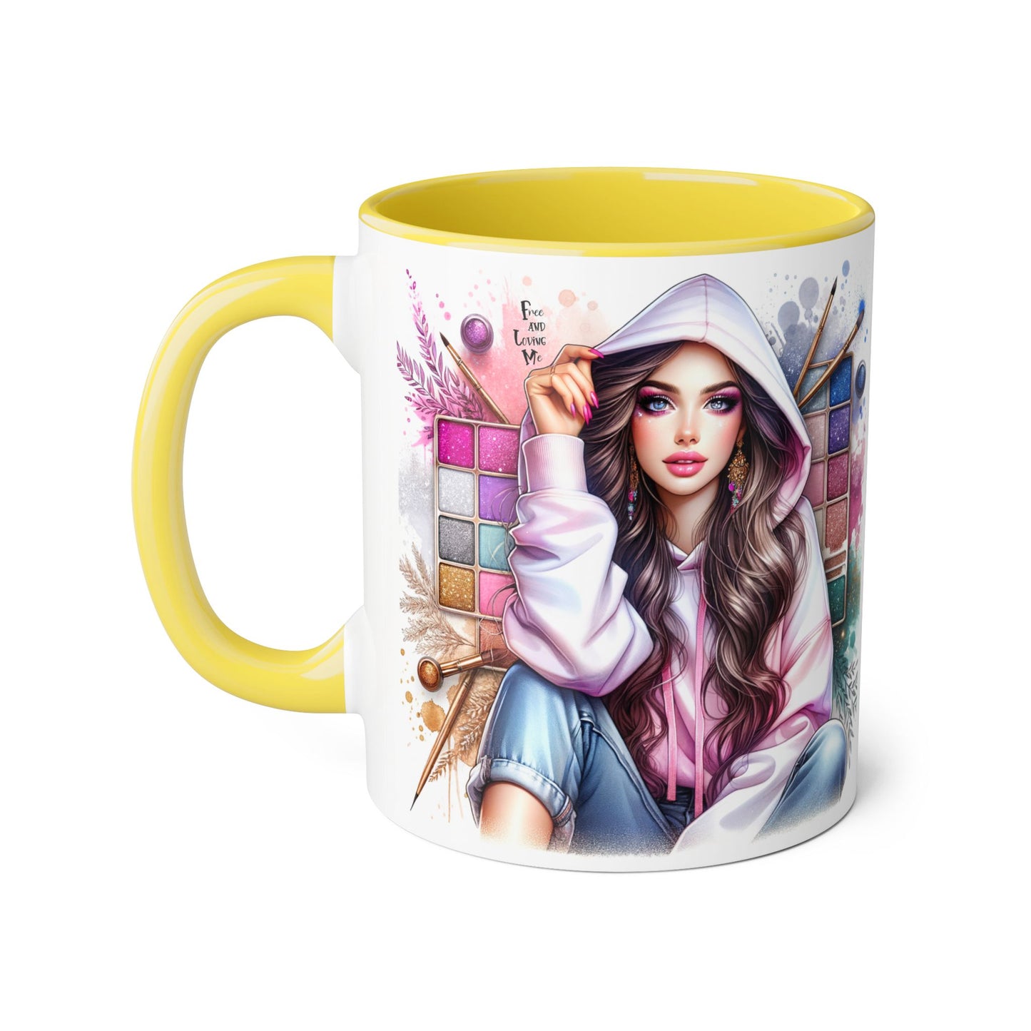 Free and Loving Me Artistic Accent Mugs, Fashionista Gift, Makeup Artist Coffee Cup, Unique Artistic Mug, Stylish Beverage Container, Creative Decor