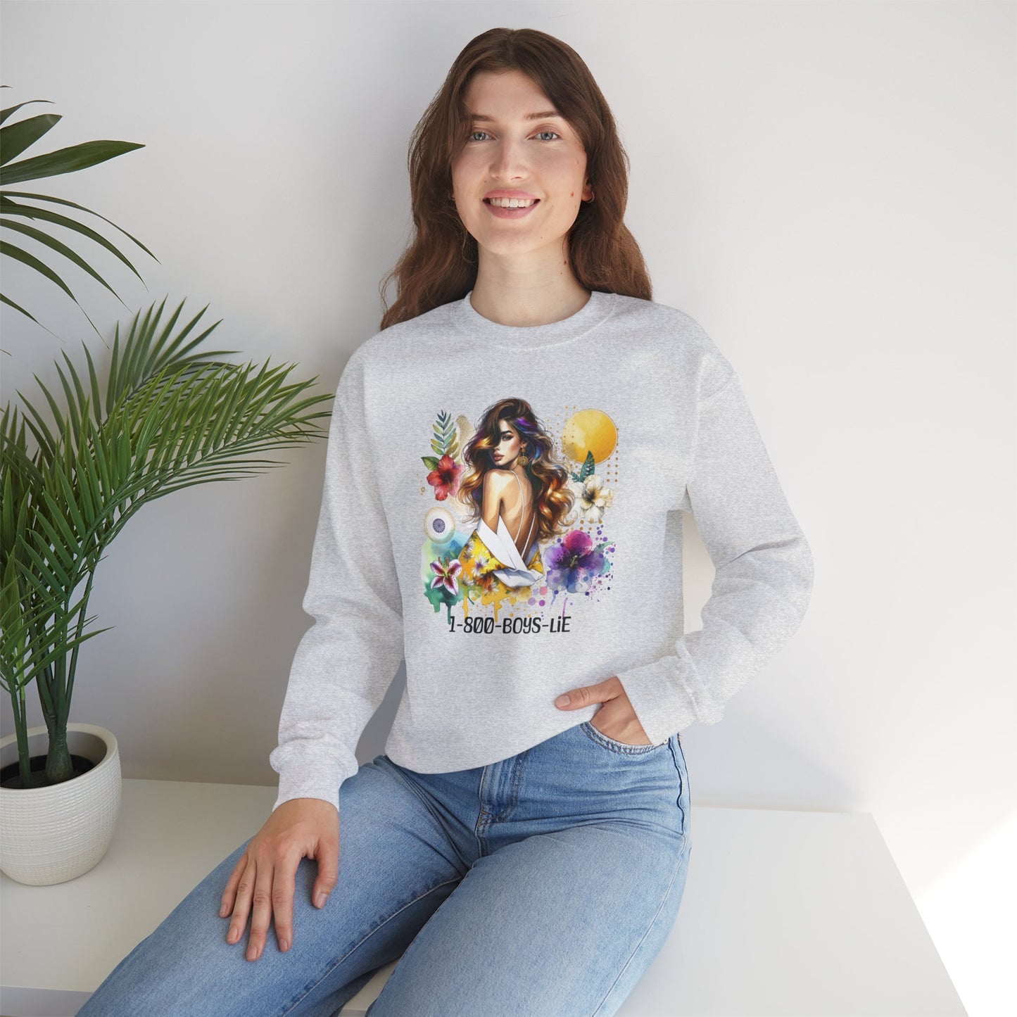 1-800-Boys-Lie Bohemian Floral Crewneck Sweatshirt, Trendy Oversized Sweater, Unique Gift for Her, Cozy Fall Apparel, Birthday & Casual Wear