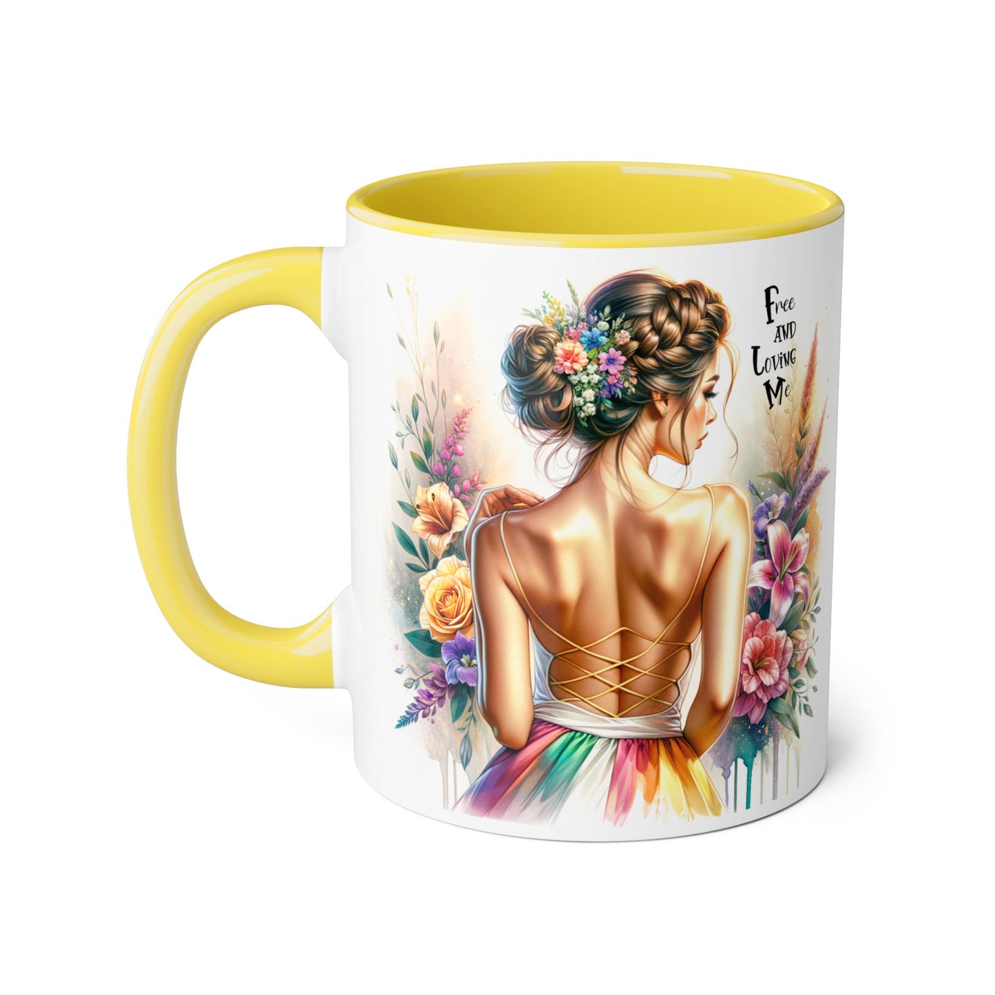 Free and Loving Me Empowering Quote Accent Mug, Inspirational Coffee Mug, Floral Design Mug, Unique Gift for Women, Motivational Drinkware
