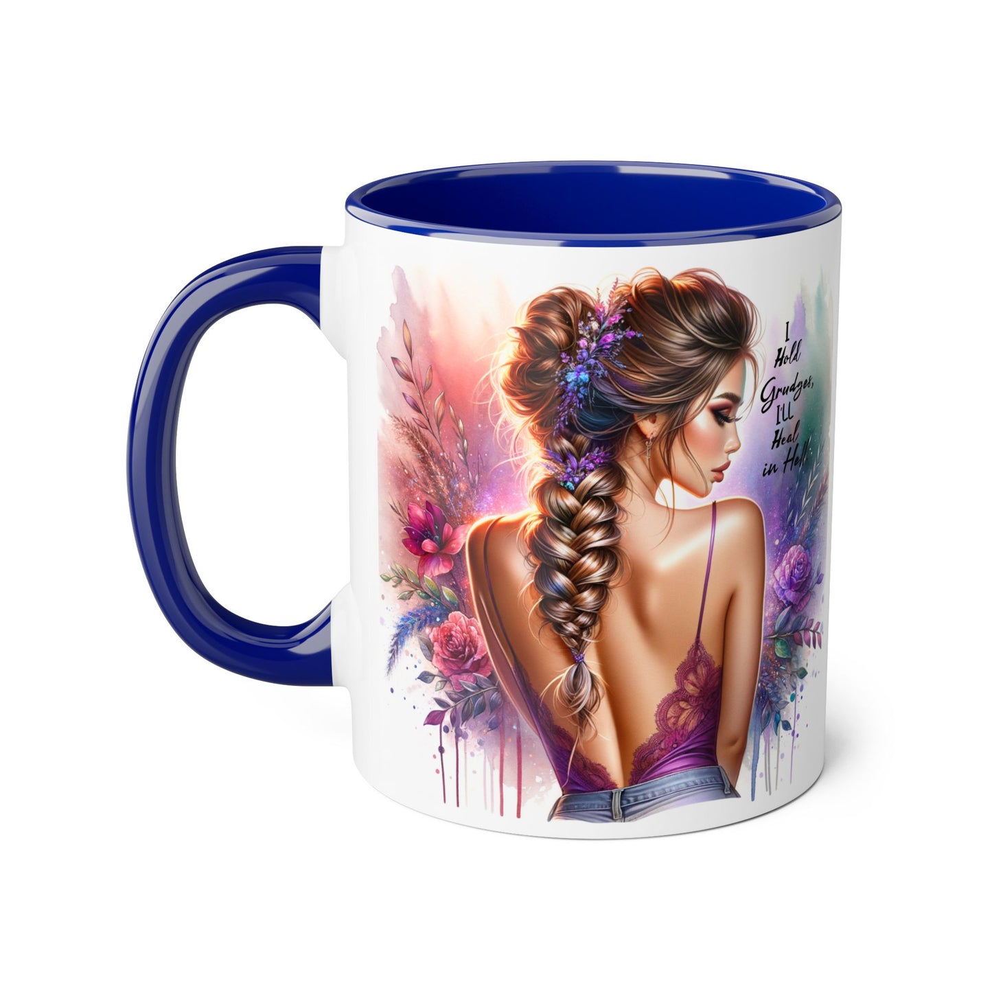 I Hold Grudges, I'll Heal in Hell Artistic Black Accent Mug, Inspirational Coffee Cup, Unique Gift for Her, Flower Design Tea Mug, Stylish Drinkware for Every Occasion
