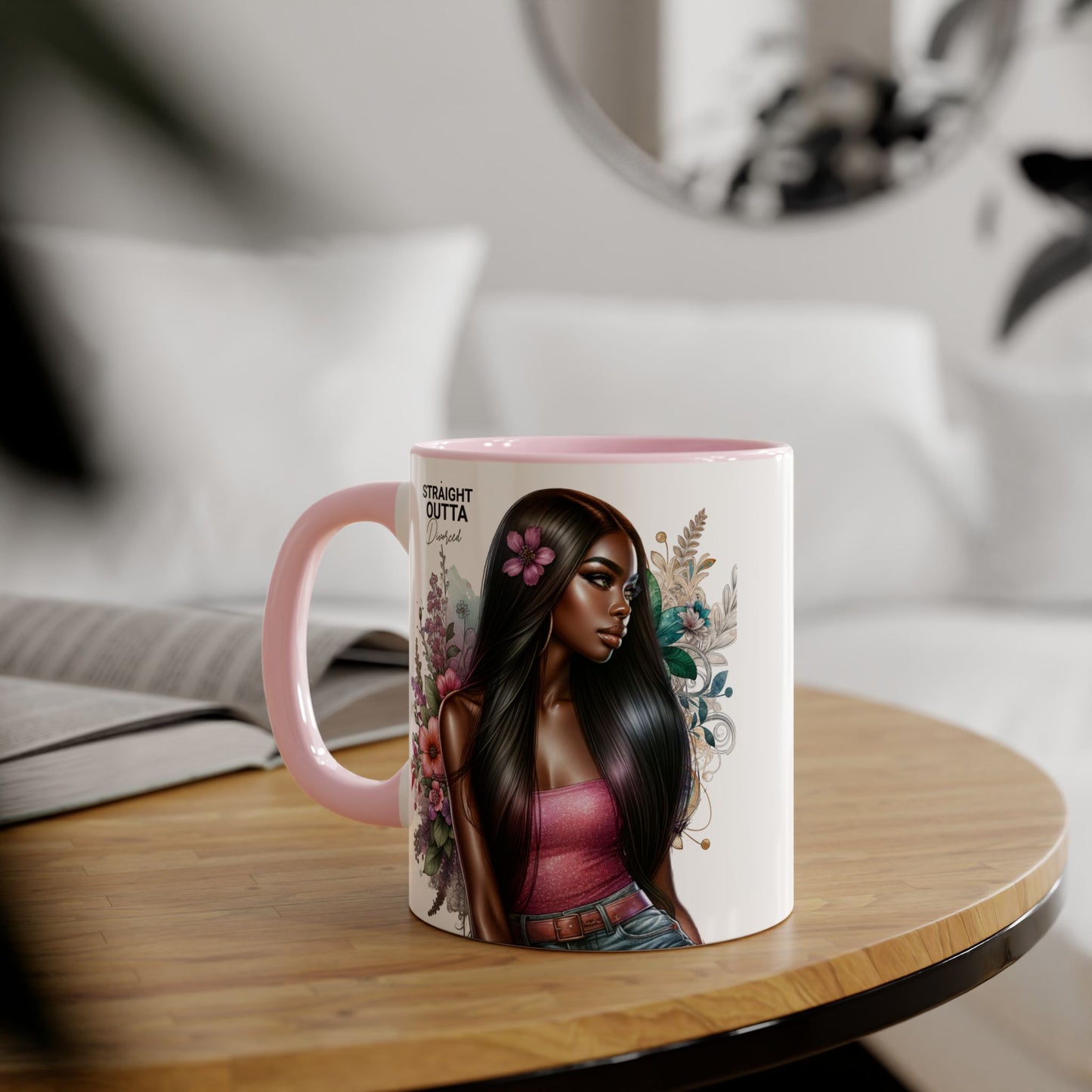 Straight Outta Divorced Humoristic Vibrant Statement Mug, Black Handle Coffee Cup, Floral Art Beverage Mug, Gift for Her, Inspirational Drinkware, Birthday Mug