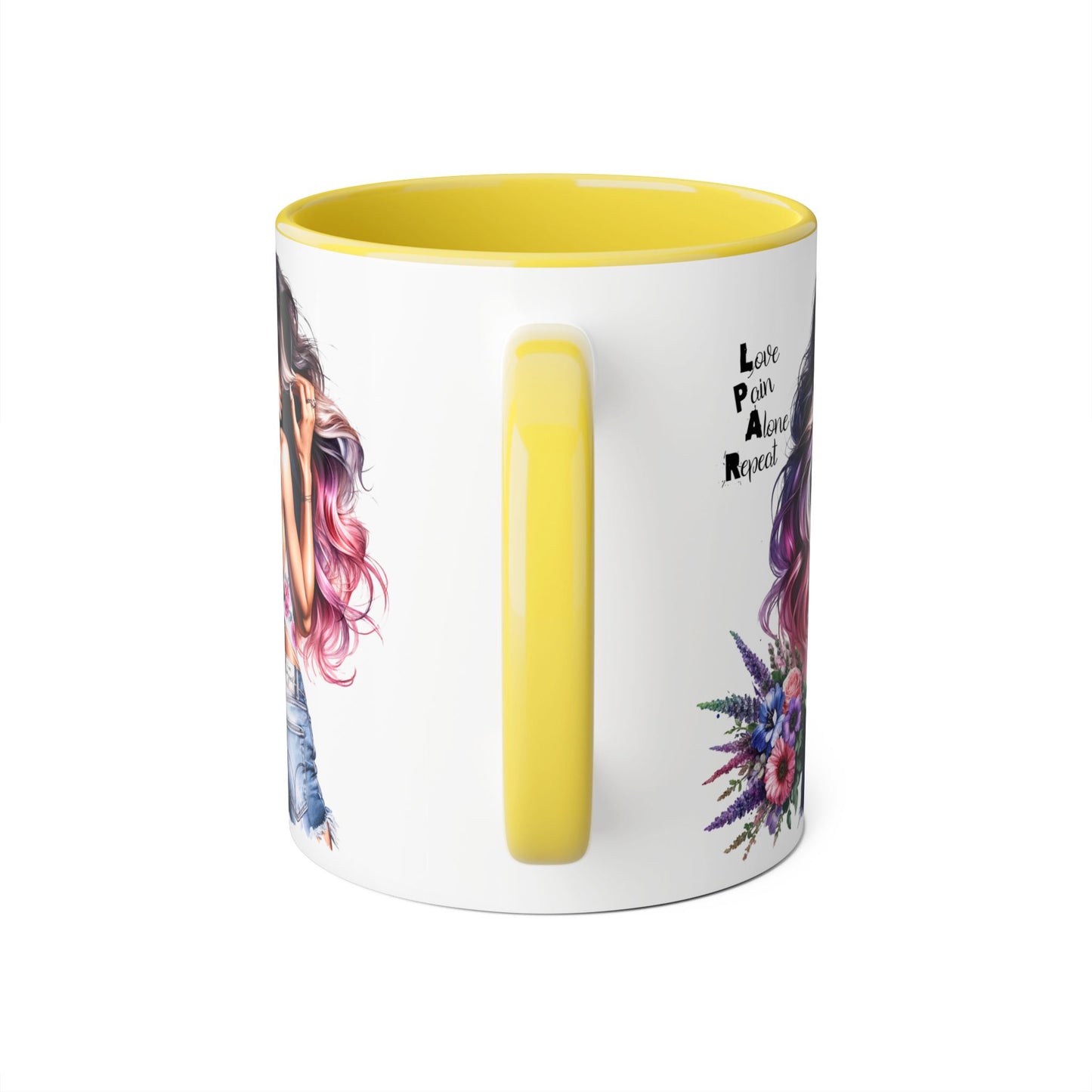 Vibrant Floral Accent Mug - Love Pain Alone Repeat, Coffee Lover Gift, Inspirational Drinkware, Art Mug, Stylish Home Decor