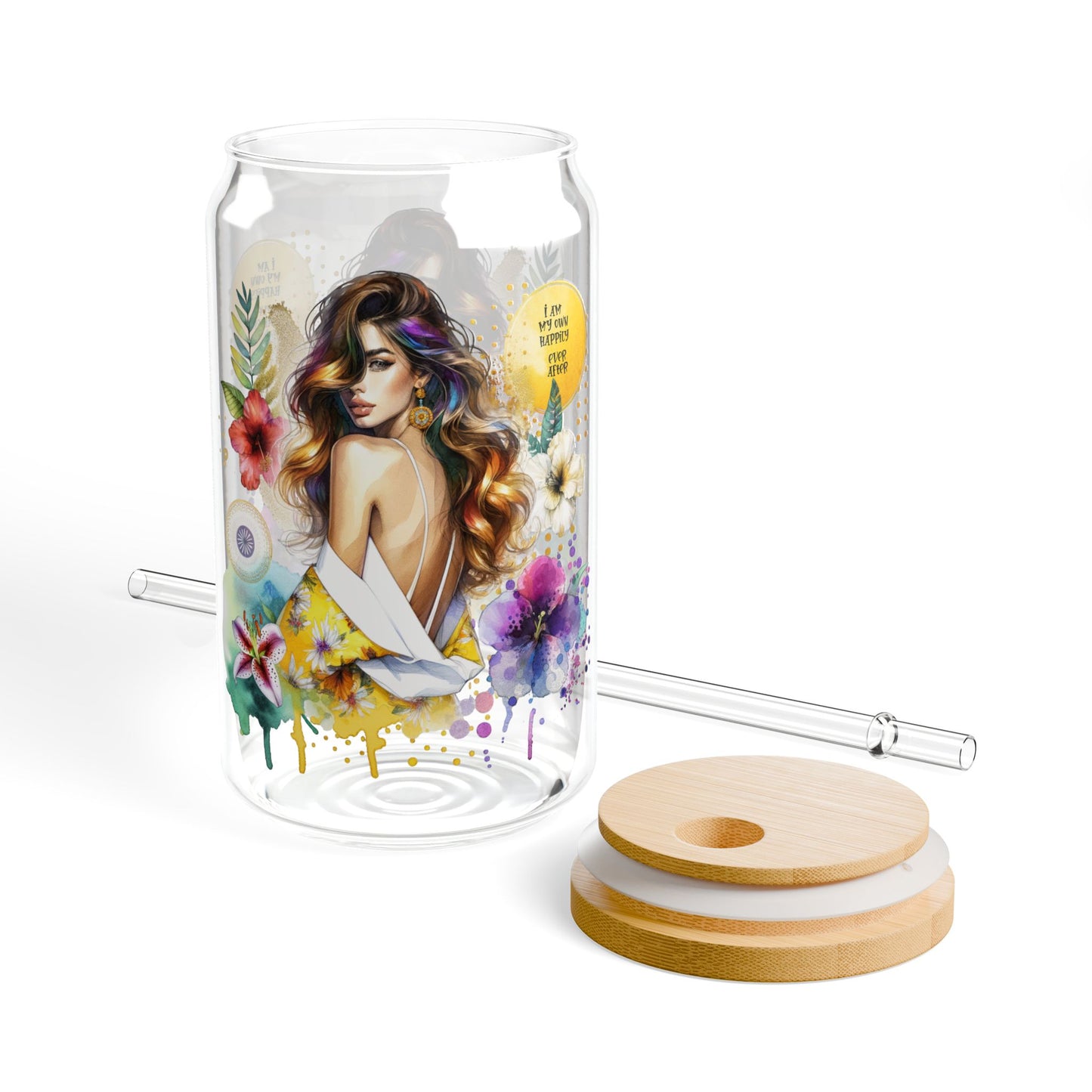 I Am My Own Happily Ever After Floral Sipper Glass, 16oz – Eco-Friendly Drinkware, Perfect for Summer, Garden Parties, Gifts for Her, Sustainable Style