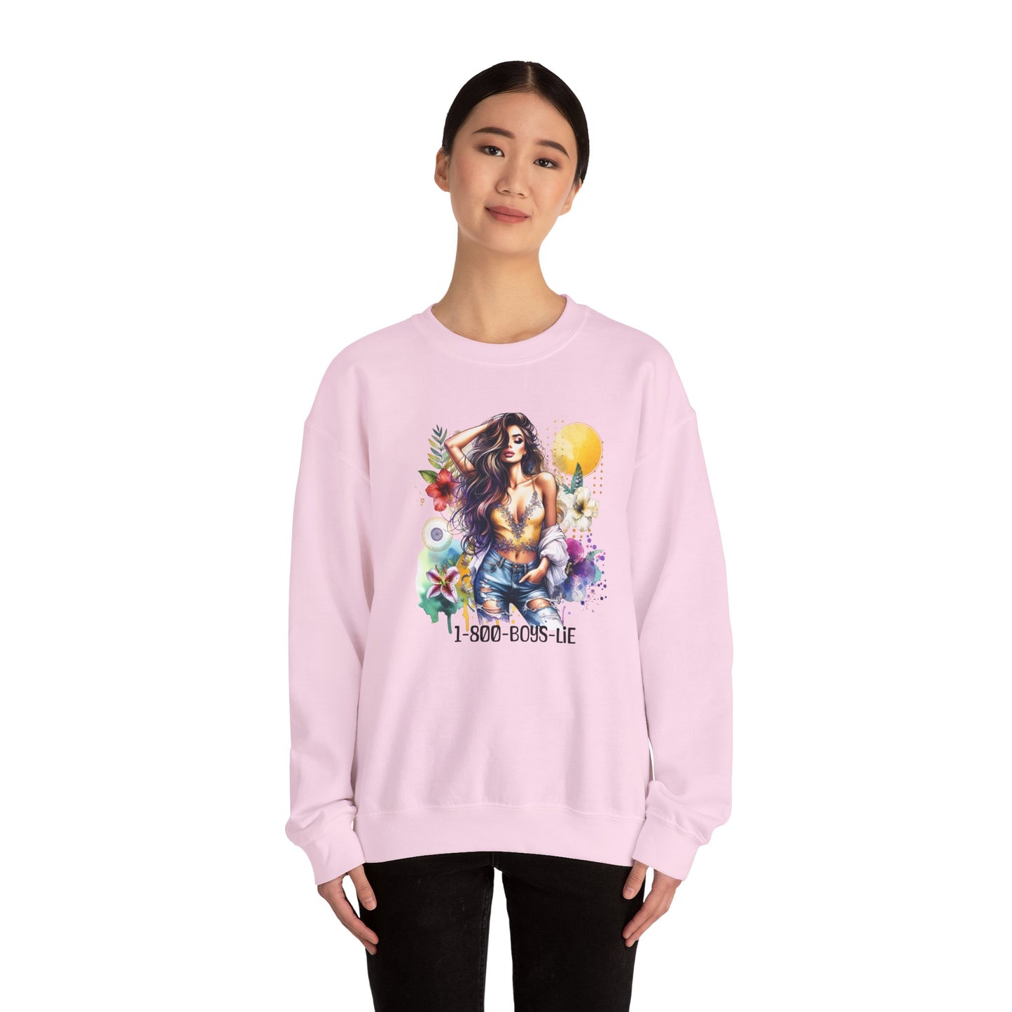 1-800-Boys-Lie Boho Chic Crewneck Sweatshirt with Floral Design, Unisex Gift, Self-Love Apparel, Cozy Casual Wear, Perfect for Relaxation