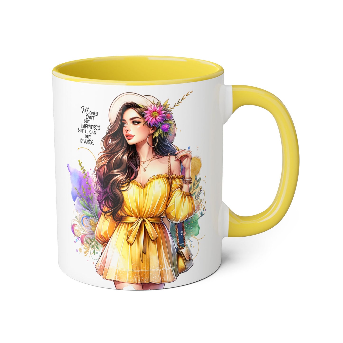 Money Can't Buy Happiness But It Can Buy Divorce Humoristic Bohemian Accent Mug, Motivational Artwork, Gift for Friends, Inspirational Coffee Cup, Floral Design, Home Decor