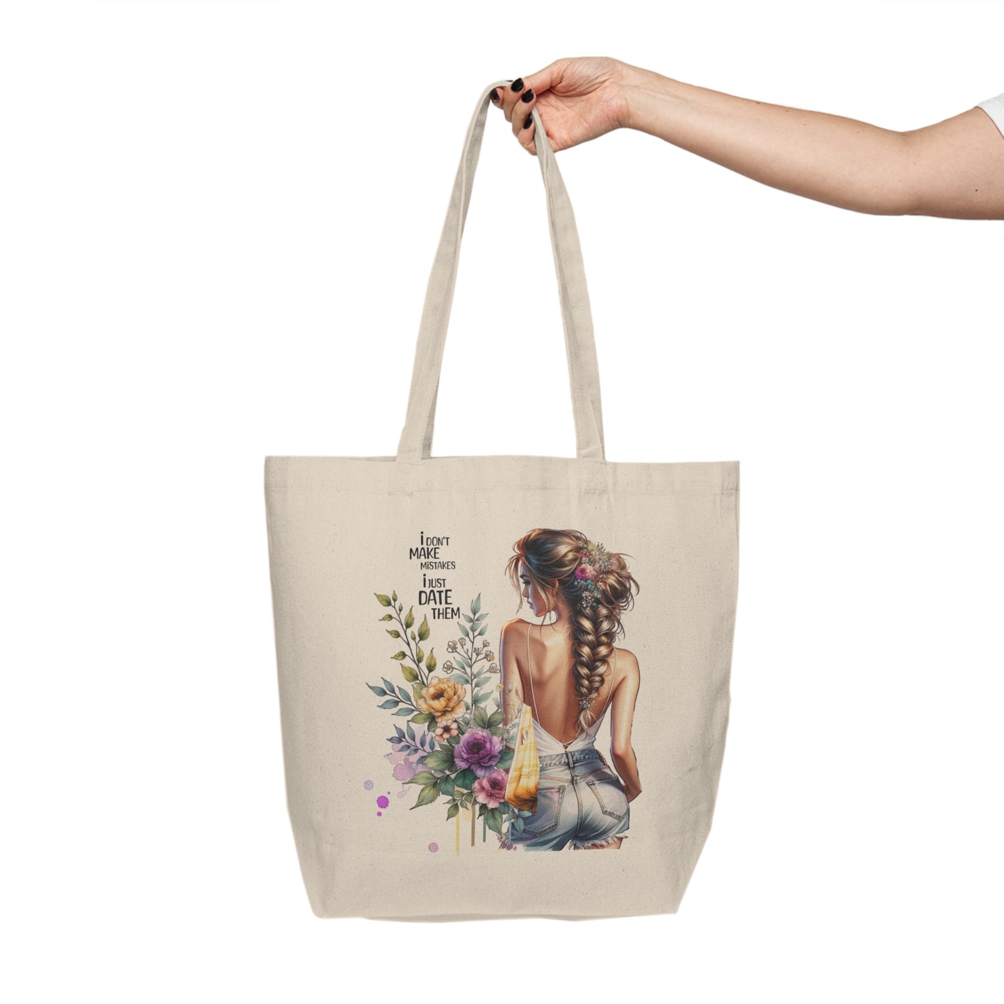 I Don`t Make Mistakes, I Just Date Them Floral Illustration Canvas Tote Bag, Eco-Friendly Shopping Bag, Cute Beach Bag, Gift for Her, Everyday Carry-All
