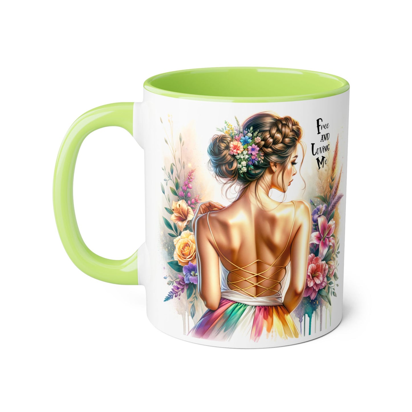 Free and Loving Me Empowering Quote Accent Mug, Inspirational Coffee Mug, Floral Design Mug, Unique Gift for Women, Motivational Drinkware