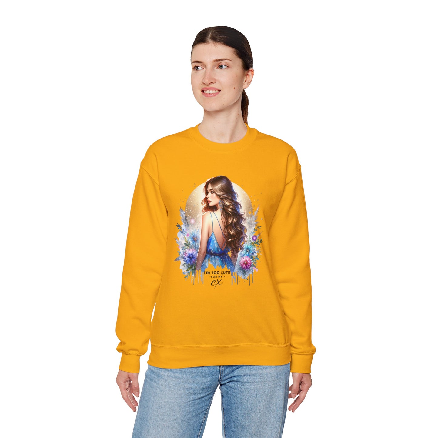 I'm Too Cute For My Ex Artistic Floral Crewneck Sweatshirt with Elegant Woman Design, Cozy Pullover, Gift for Her, Trendy Apparel, Perfect for Everyday Wear