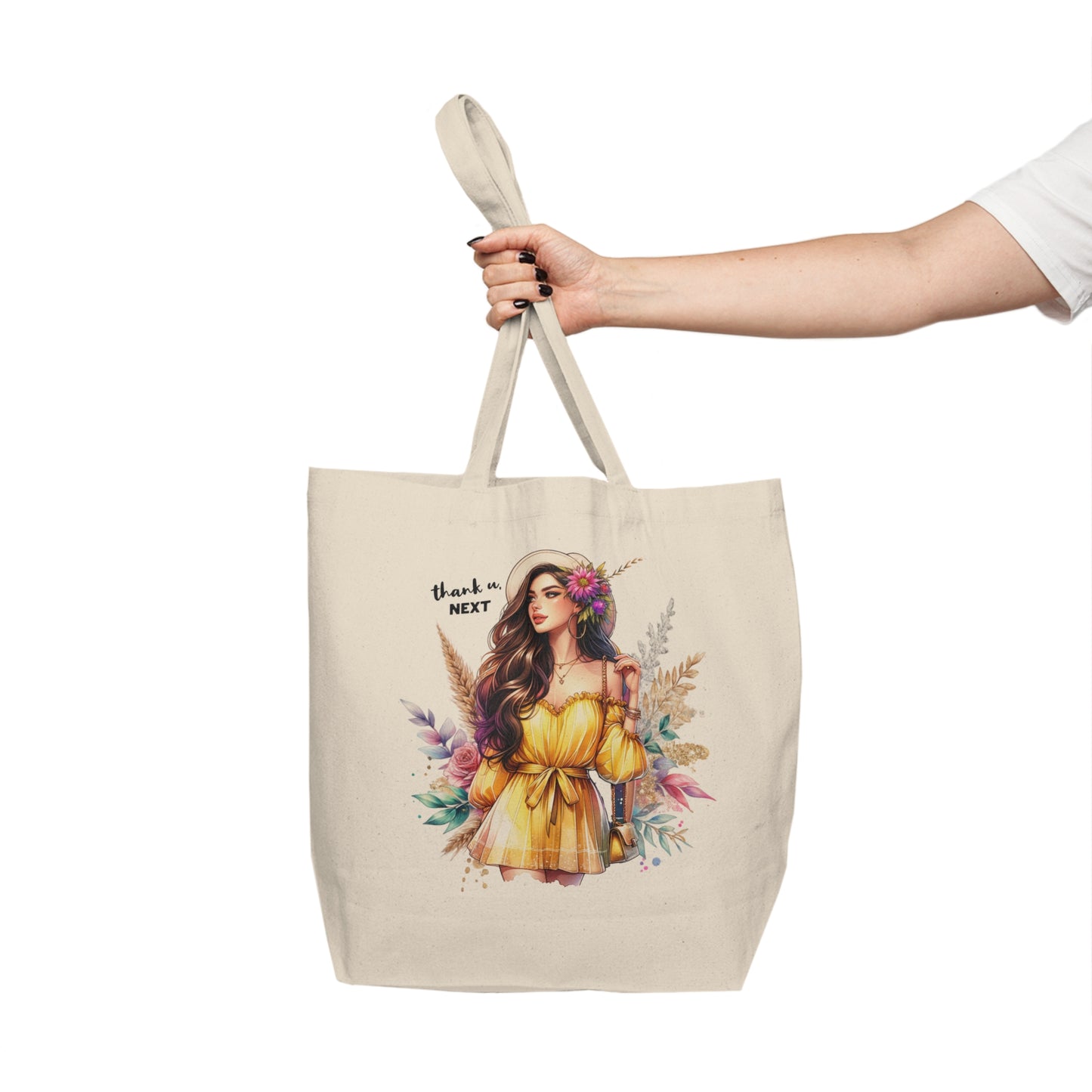 Thank U, Next Elegant Floral Tote Bag, Canvas Shopping Tote for Everyday Use, Eco-Friendly Gift, Bridesmaid Bag, Market Grocery Bag