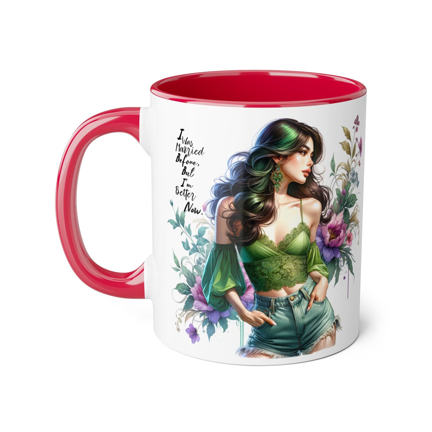 I Was Married Before But I'm Better Now Humoristic Floral Goddess Accent Mug, Inspirational Coffee Cup, Gift for Her, Boho Chic Drinkware, Unique Art Mugs, Home Decor