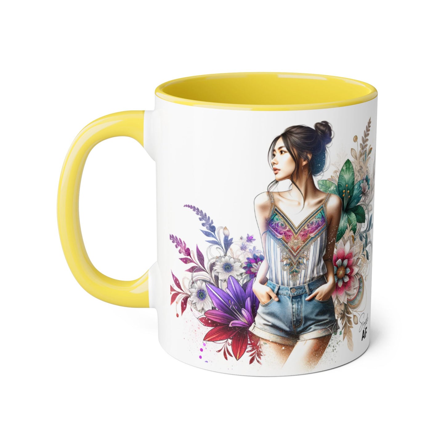 Single AF Boho Flower Accent Mug - Artistic Coffee Cup, Floral Design, Gift for Her, Birthday, Home Decor, Unique Artwork, 11oz