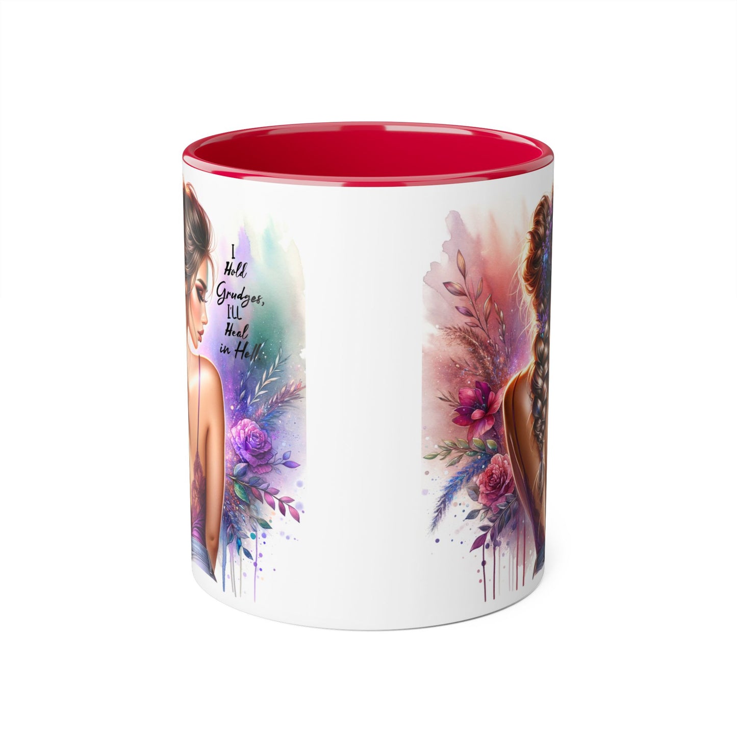 I Hold Grudges, I'll Heal in Hell Artistic Black Accent Mug, Inspirational Coffee Cup, Unique Gift for Her, Flower Design Tea Mug, Stylish Drinkware for Every Occasion