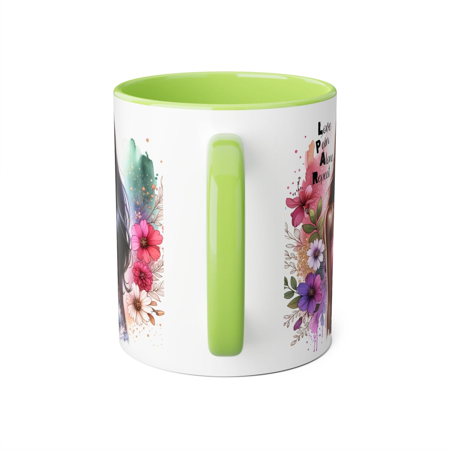 Vibrant Floral Accent Mug - Love, Pain, Alone, Repeat | Perfect Gift for Friends, Birthdays, Affirmation Mug, Coffee Lover
