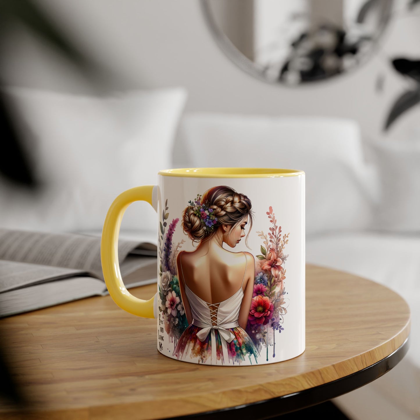 Free and Loving Me Floral Accent Mug, Artistic Coffee Cup, Gift for Mom, Birthday, Mother's Day, Home Decor, Inspirational Mug