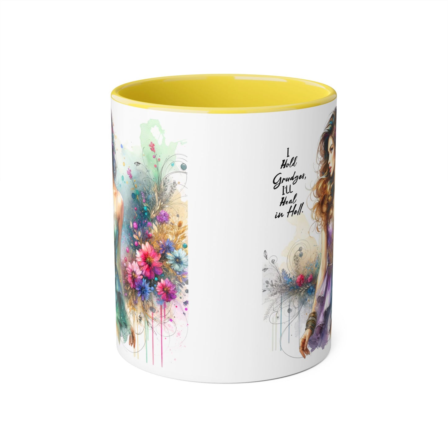 I Hold Grudges, I'll Heal in Hell Artistic Accent Mug, Inspirational Gift for Her, Colorful Flower Design, Unique Coffee Cup, Perfect for Birthdays, Art Lovers' Mug