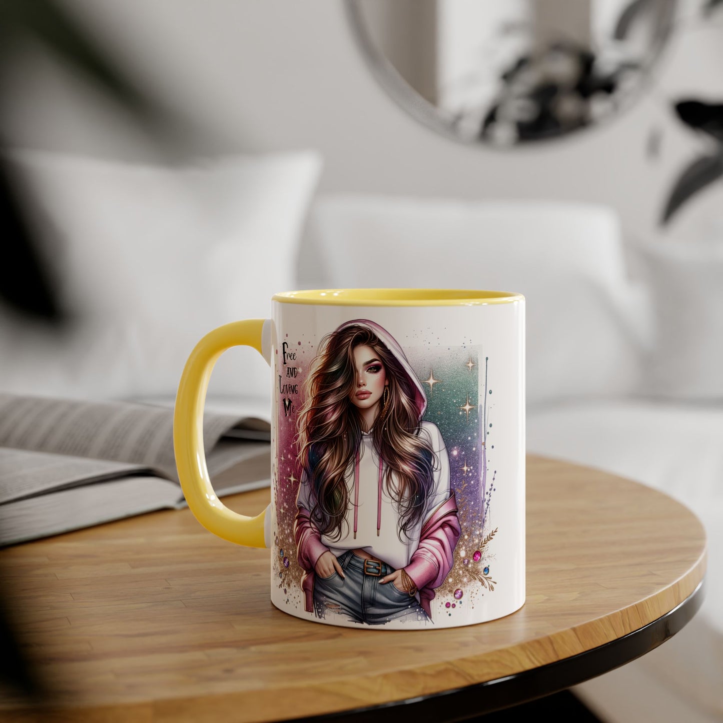 Stylish Accent Mug - 'Free and Loving Me' Coffee Cup, Perfect Gift for Coffee Lovers, Inspirational Drinkware, Cute Morning Mug