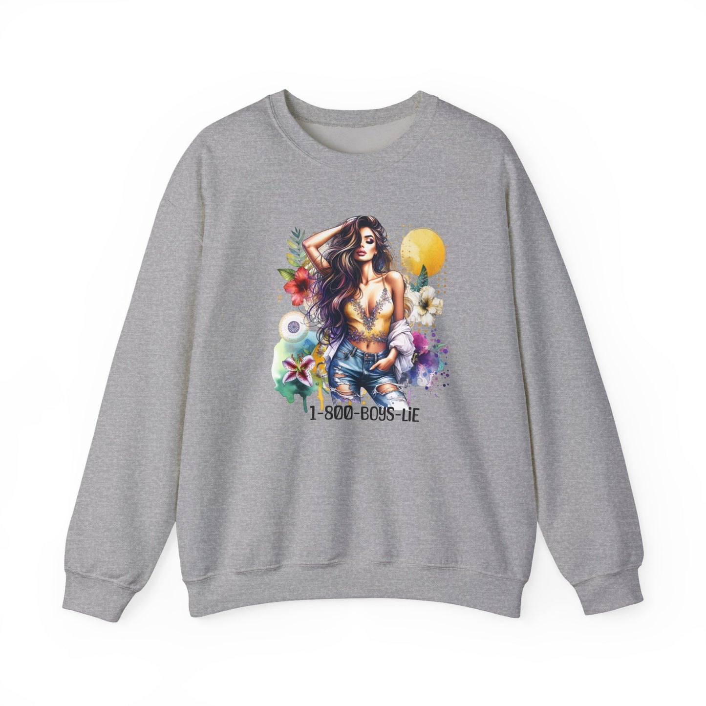 1-800-Boys-Lie Boho Chic Crewneck Sweatshirt with Floral Design, Unisex Gift, Self-Love Apparel, Cozy Casual Wear, Perfect for Relaxation
