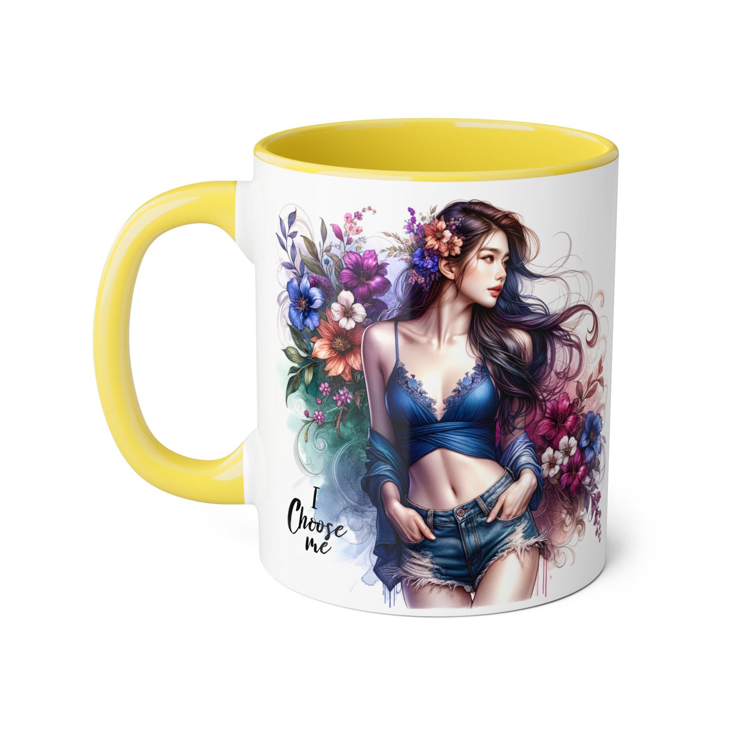 Floral Accent Mug, I Choose Me Design, Artistic Coffee Cup, Gift for Her, Home Décor, Tea Lover’s Essential