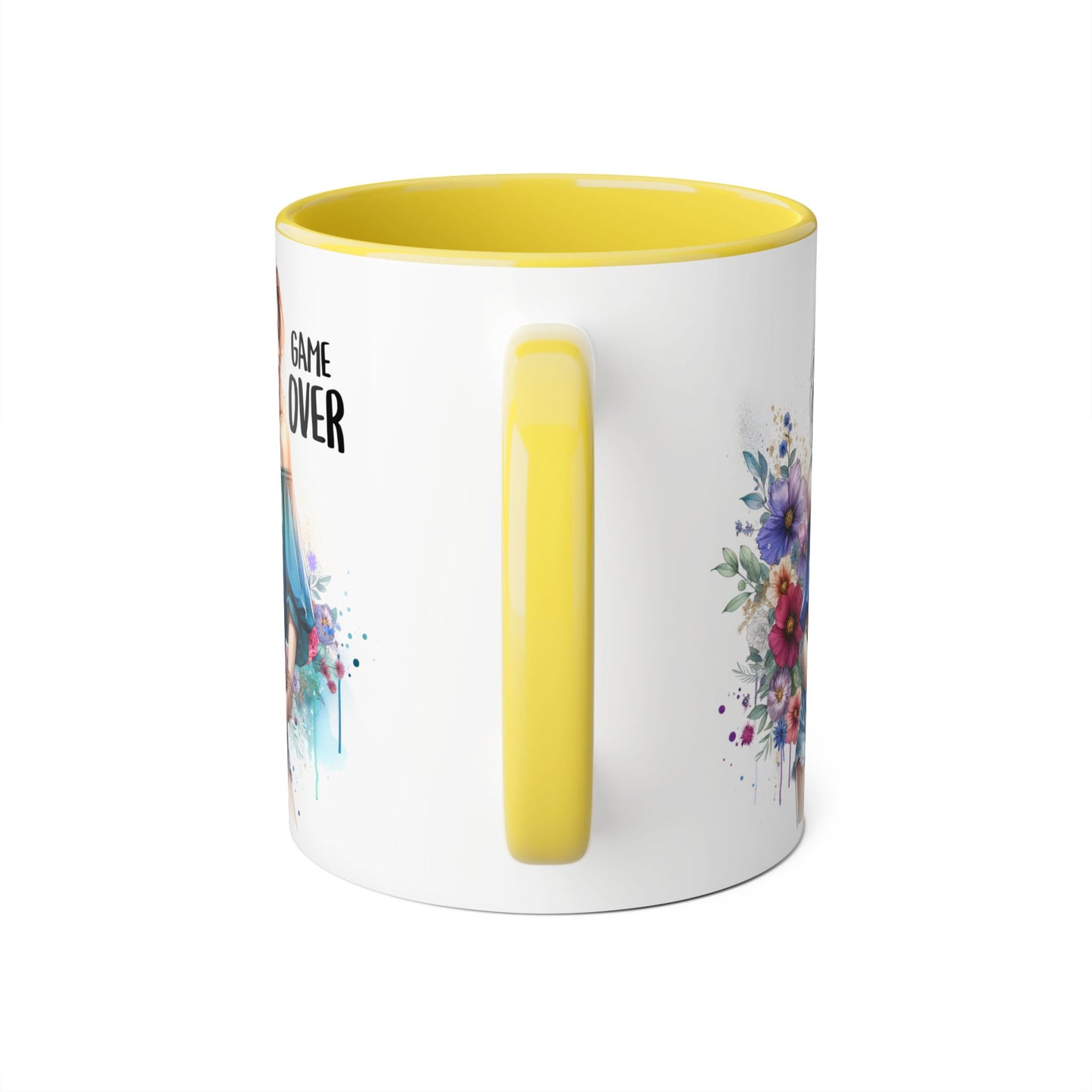 Vibrant Game Over Accent Mug - Floral Design, 11oz Coffee Cup, Unique Gift, for Gamers, Birthday or Everyday Use