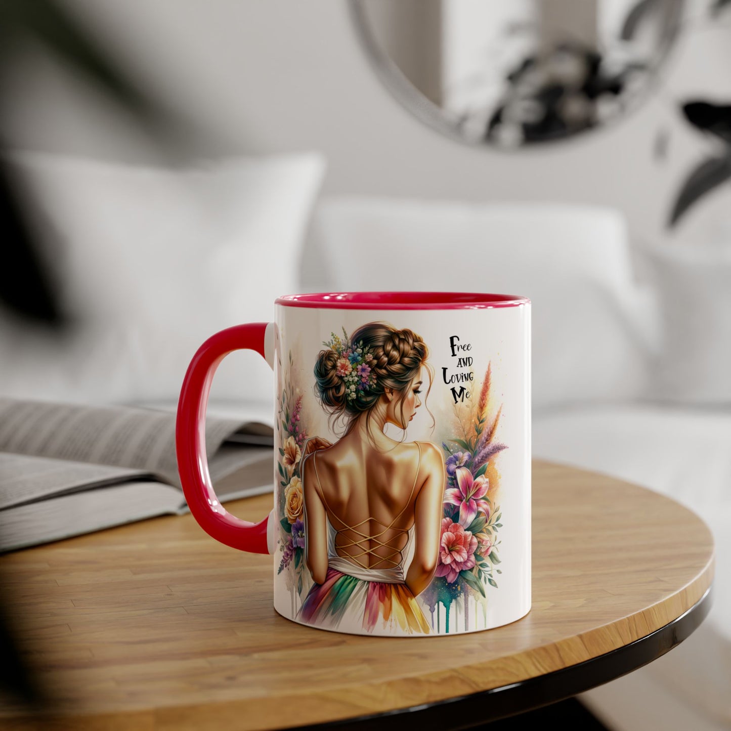 Free and Loving Me Empowering Quote Accent Mug, Inspirational Coffee Mug, Floral Design Mug, Unique Gift for Women, Motivational Drinkware