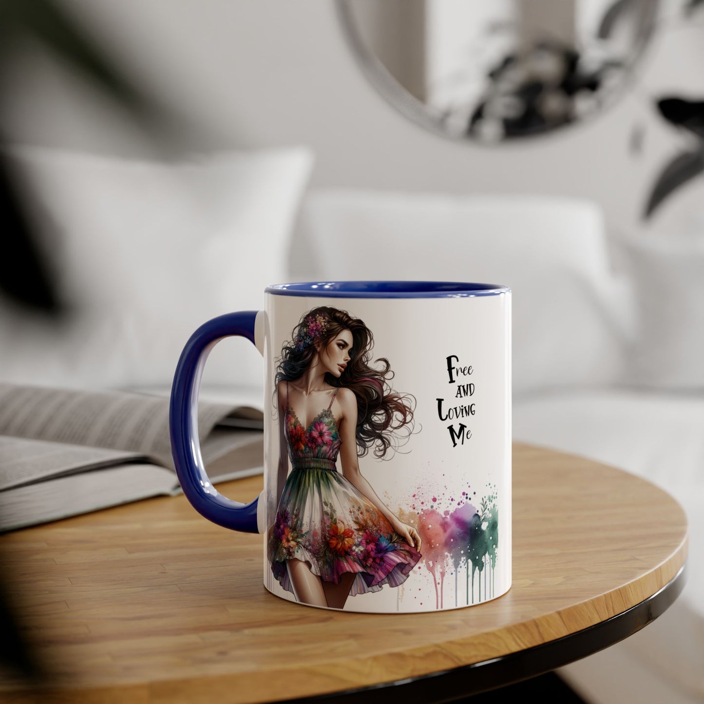Floral Art Inspirational Coffee Mug, Free and Loving Me, Gift for Her, Colorful Drinkware, Boho Mug, Artistic Tea Cup