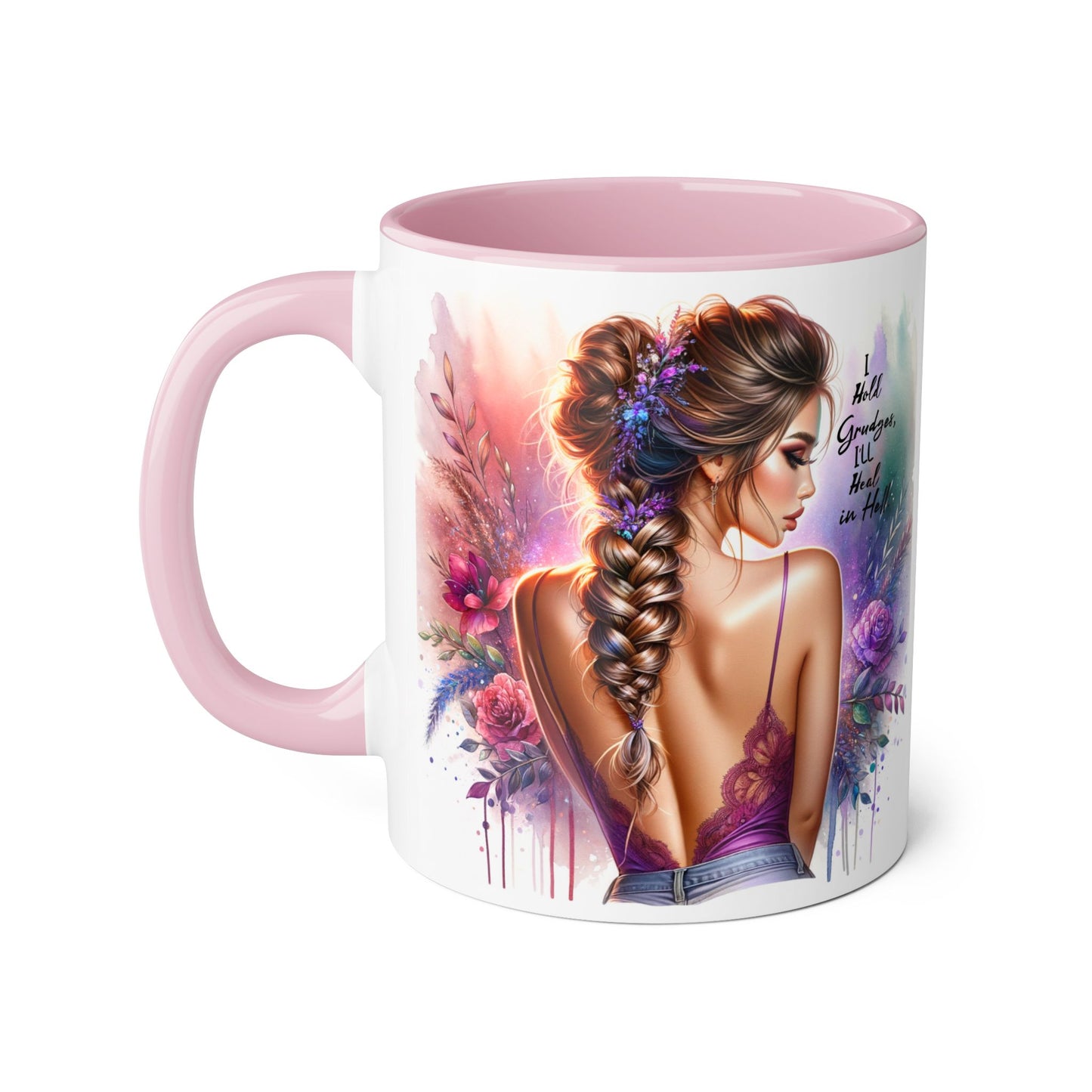 I Hold Grudges, I'll Heal in Hell Artistic Black Accent Mug, Inspirational Coffee Cup, Unique Gift for Her, Flower Design Tea Mug, Stylish Drinkware for Every Occasion