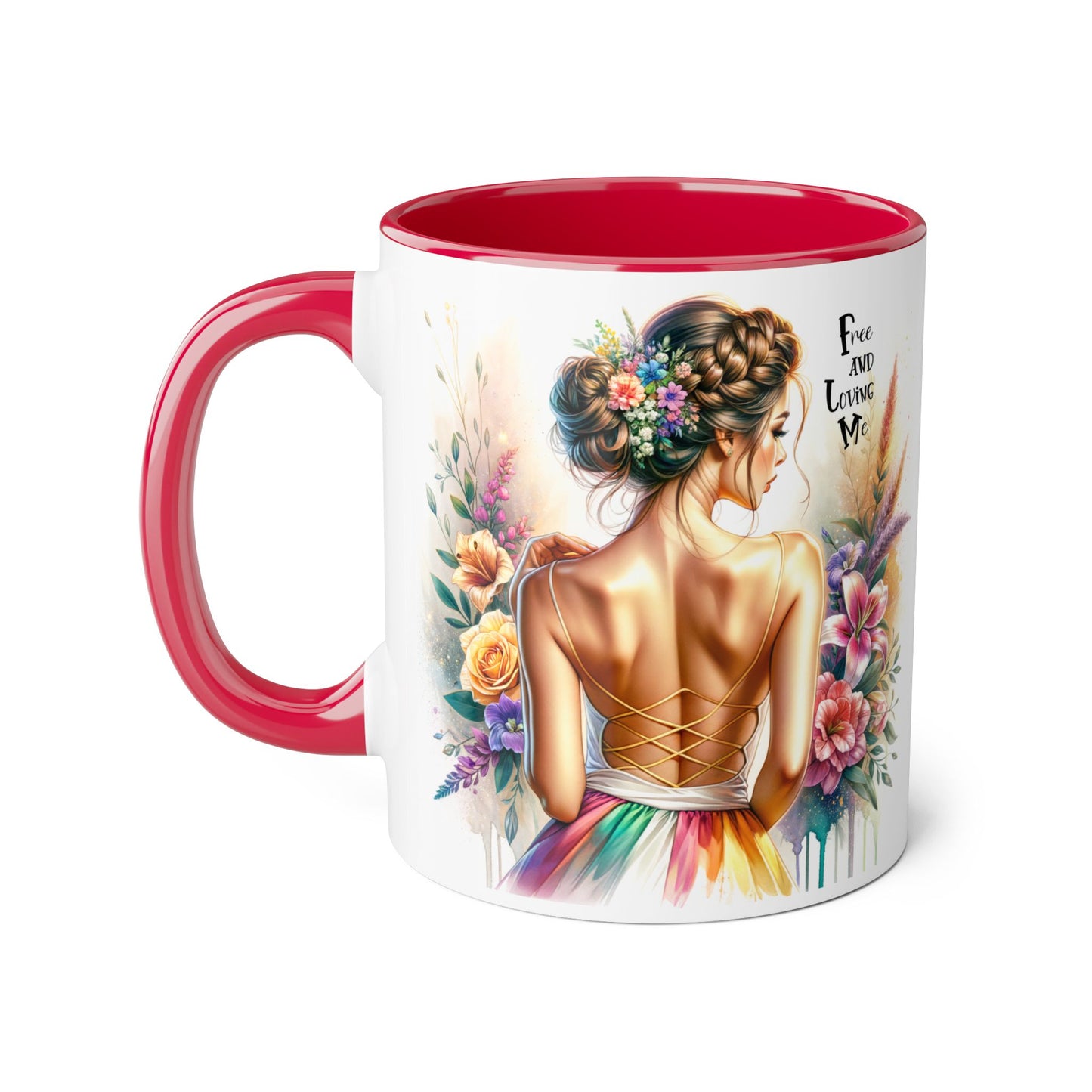 Free and Loving Me Empowering Quote Accent Mug, Inspirational Coffee Mug, Floral Design Mug, Unique Gift for Women, Motivational Drinkware