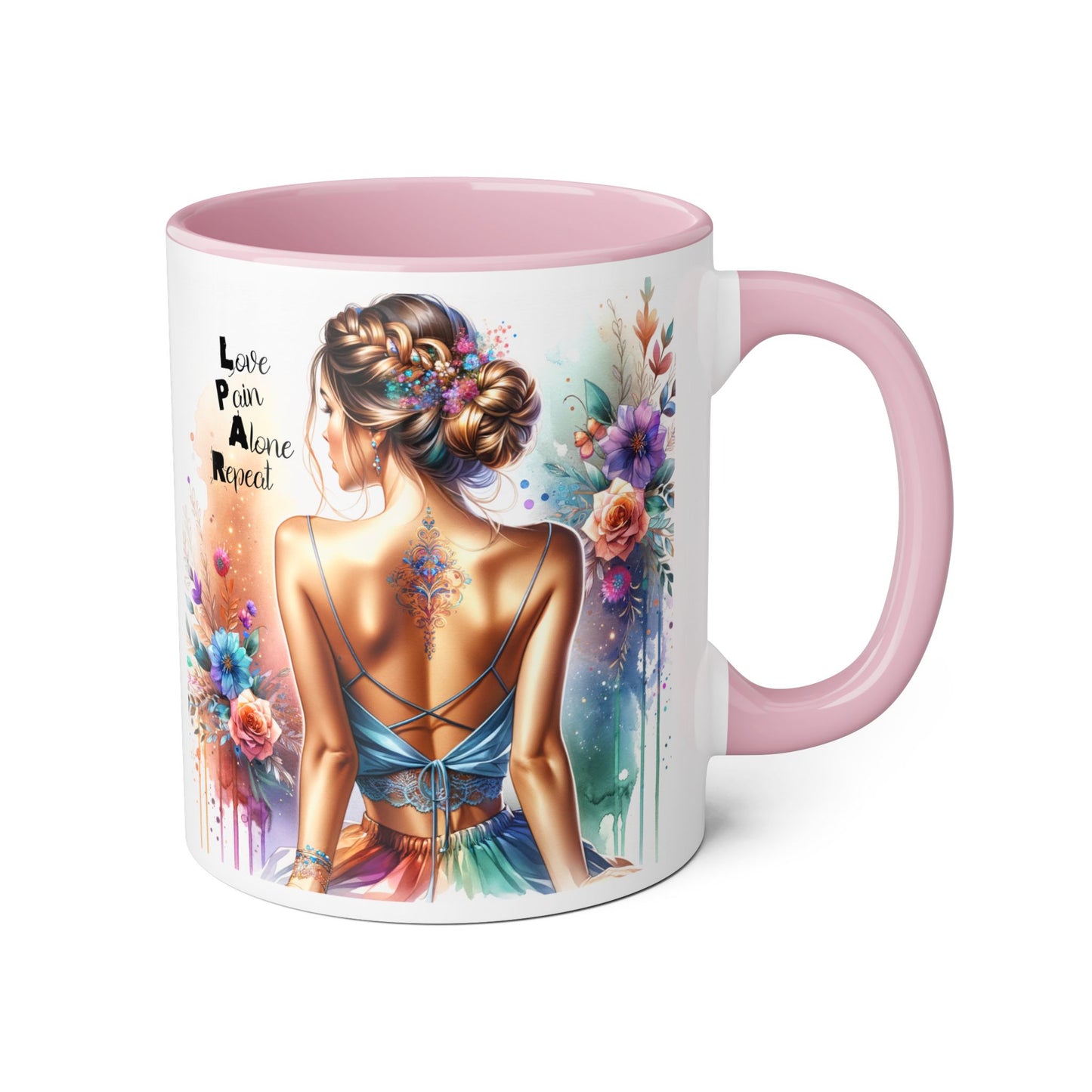 Vibrant Woman's Accent Mug, Love Pain Alone Repeat, Artistic Coffee Cup, Unique Gift for Her, Colorful Tea Mug