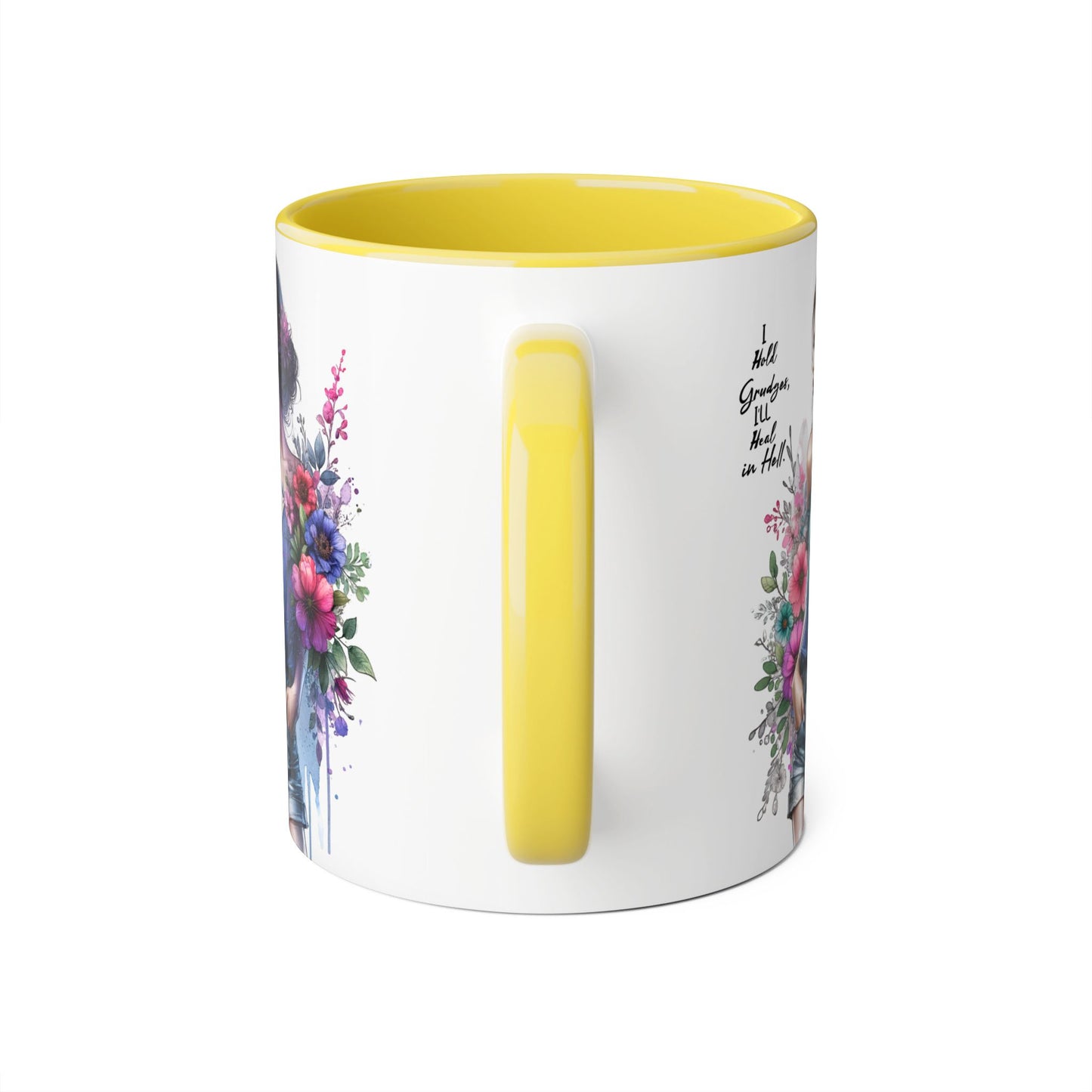 I Hold Grudges, I'll Heal in Hell Humoristic Floral Accent Mug, 11oz Coffee Cup for Grandma, Gift for Her, Birthday Present, Mother's Day, Home Decor, Floral Design