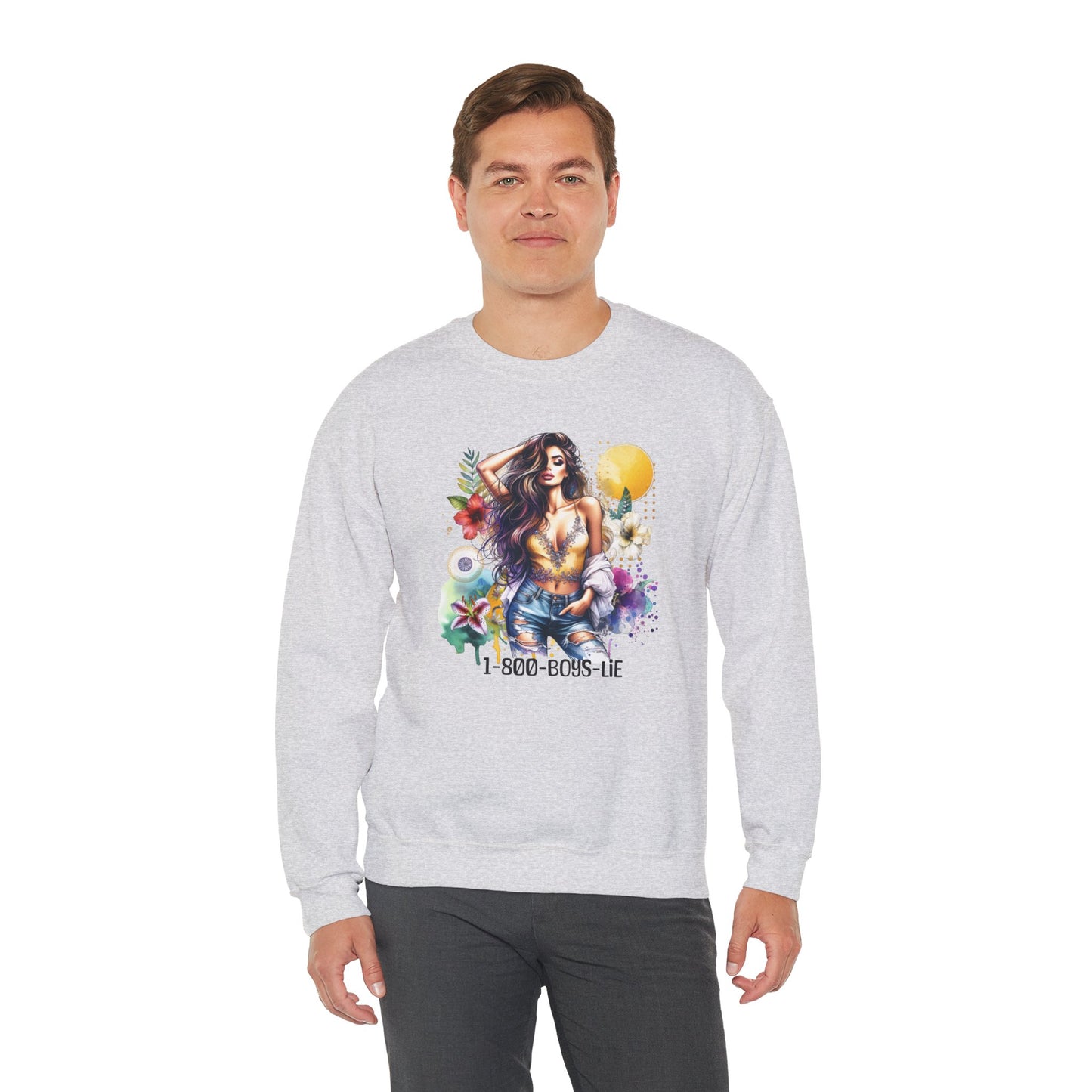 1-800-Boys-Lie Boho Chic Crewneck Sweatshirt with Floral Design, Unisex Gift, Self-Love Apparel, Cozy Casual Wear, Perfect for Relaxation