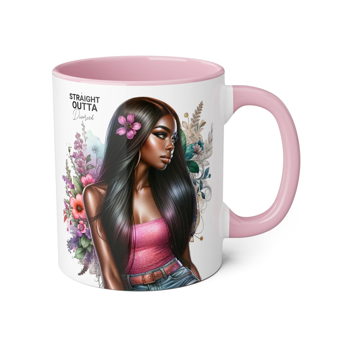 Straight Outta Divorced Humoristic Vibrant Statement Mug, Black Handle Coffee Cup, Floral Art Beverage Mug, Gift for Her, Inspirational Drinkware, Birthday Mug