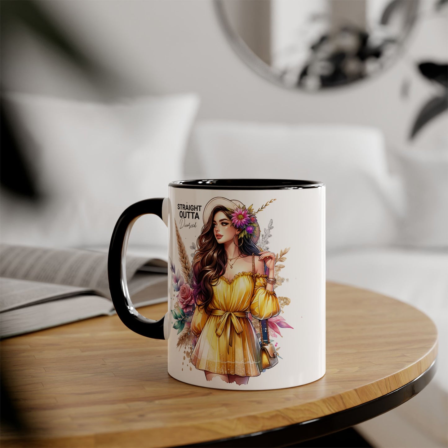 Straight Outta Divorced Humoristic Chic Floral Accent Mug, Stylish Coffee Cup, Trendy Teacup, Unique Gift for Friends, Perfect for Birthdays and Celebrations