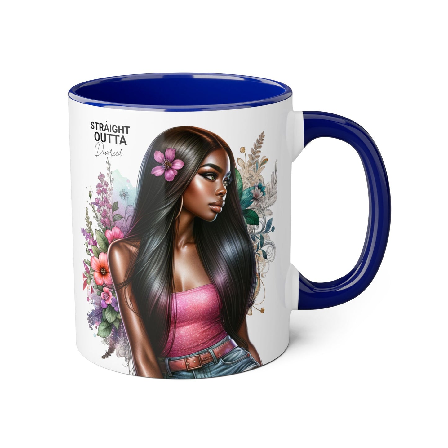 Straight Outta Divorced Humoristic Vibrant Statement Mug, Black Handle Coffee Cup, Floral Art Beverage Mug, Gift for Her, Inspirational Drinkware, Birthday Mug