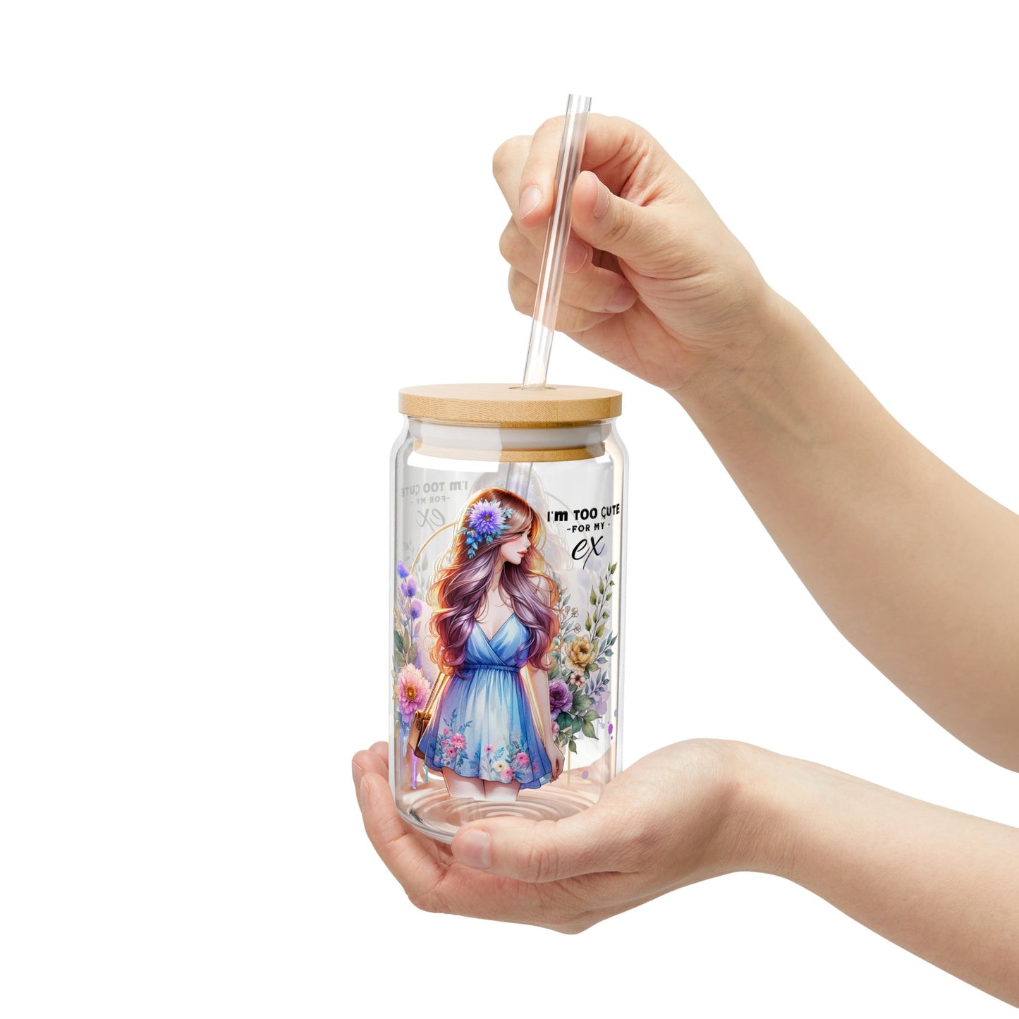 I'm Too Cute For My Ex Floral Sipper Glass, 16oz - Personalized Drinkware for Women, Summer Picnic, Handcrafted Gift, Eco-Friendly, Cute Beverage Container