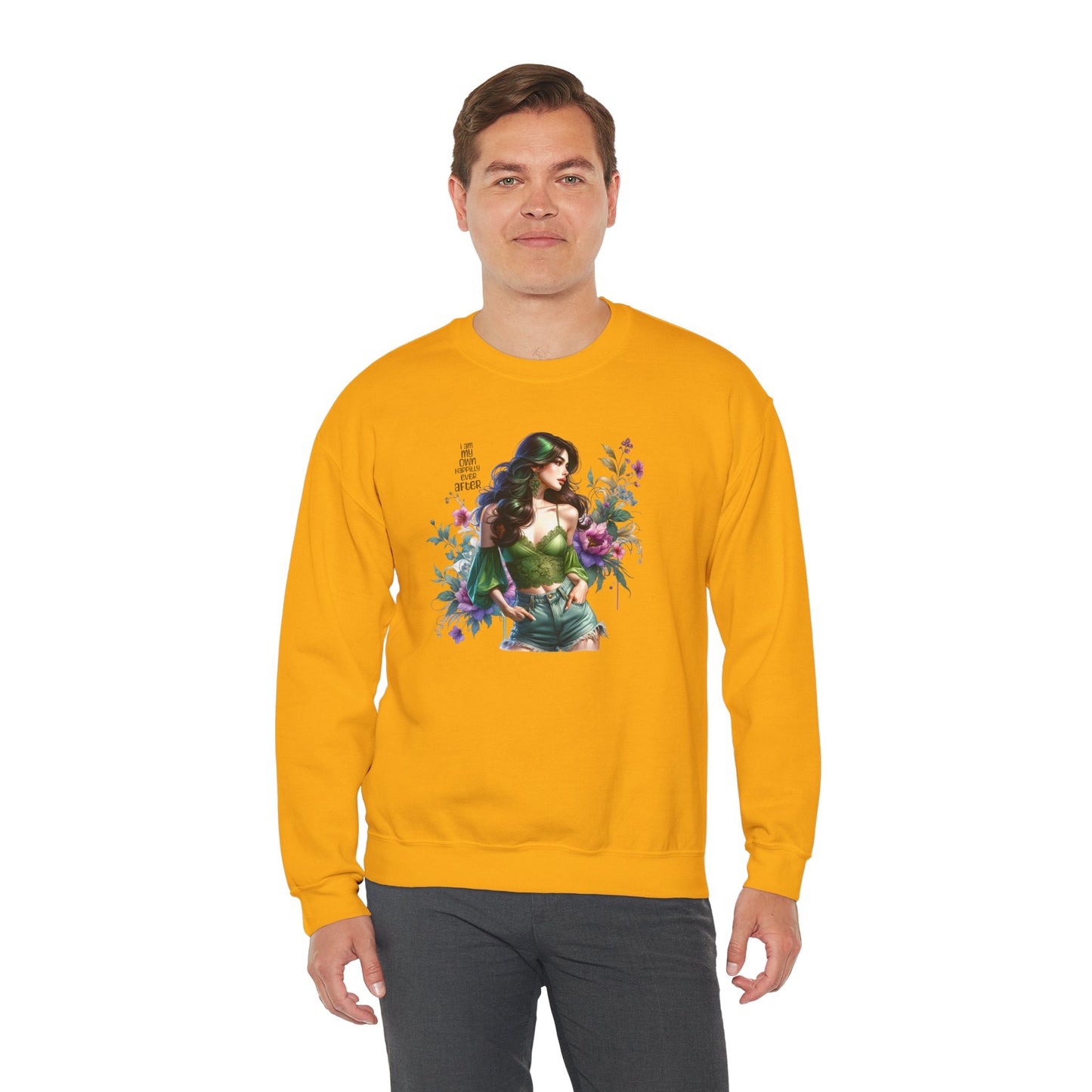 I Am My Own Happily Ever After Heroine Floral Sweatshirt | Unisex Cozy Crewneck, Gift for Her, Vintage Style, Plant Lover's Apparel, Superhero Inspired