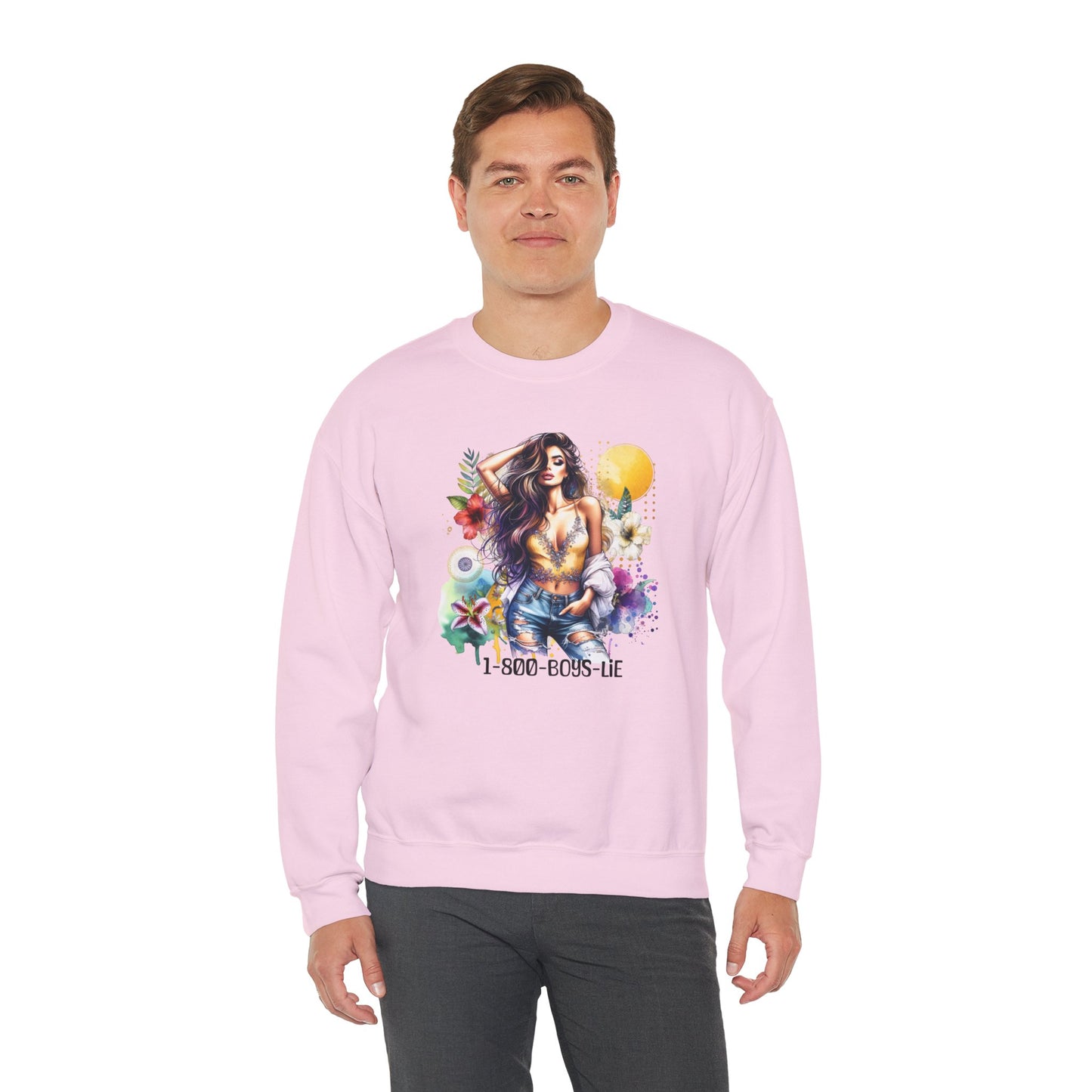 1-800-Boys-Lie Boho Chic Crewneck Sweatshirt with Floral Design, Unisex Gift, Self-Love Apparel, Cozy Casual Wear, Perfect for Relaxation