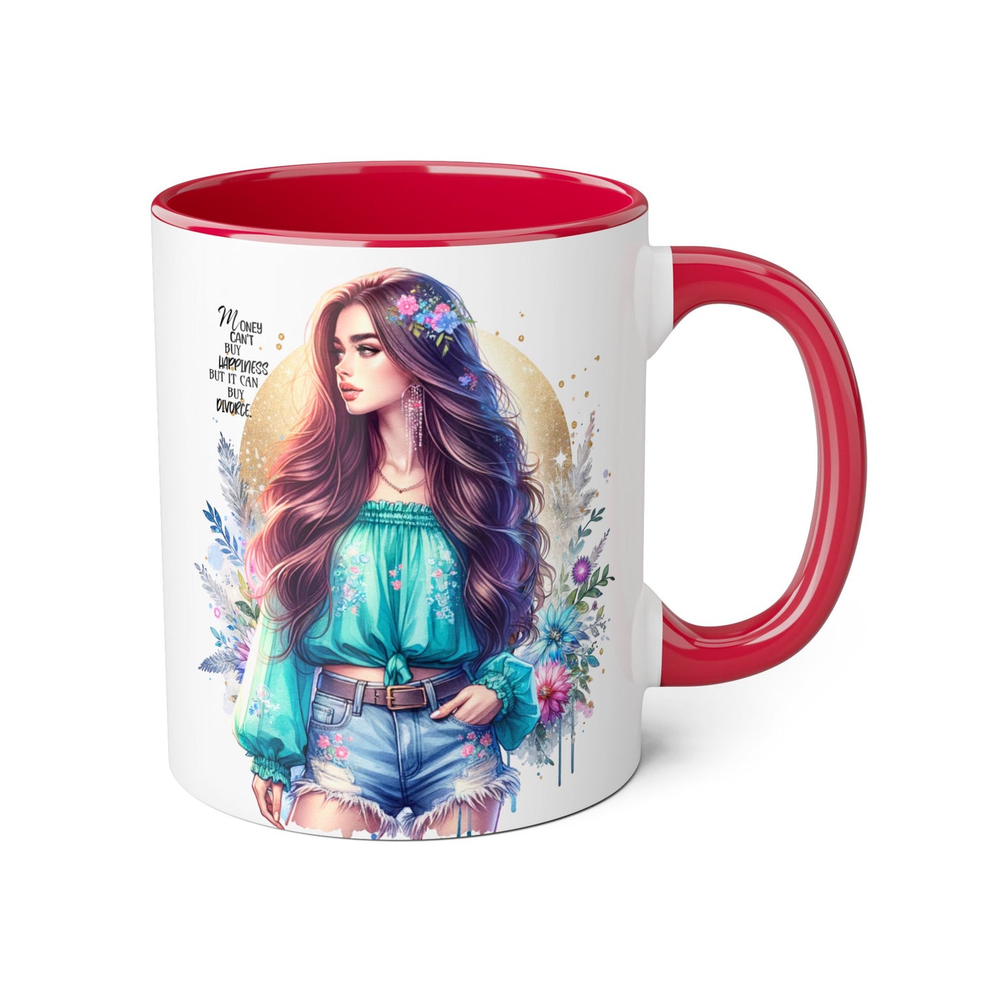 Money Can't Buy Happiness But It Can Buy Divorce Humoristic Inspirational Accent Mug, 11oz Coffee Cup for Boho Lovers, Unique Gift for Women, Flower Art Mug, Home Decor, Birthday Celebration